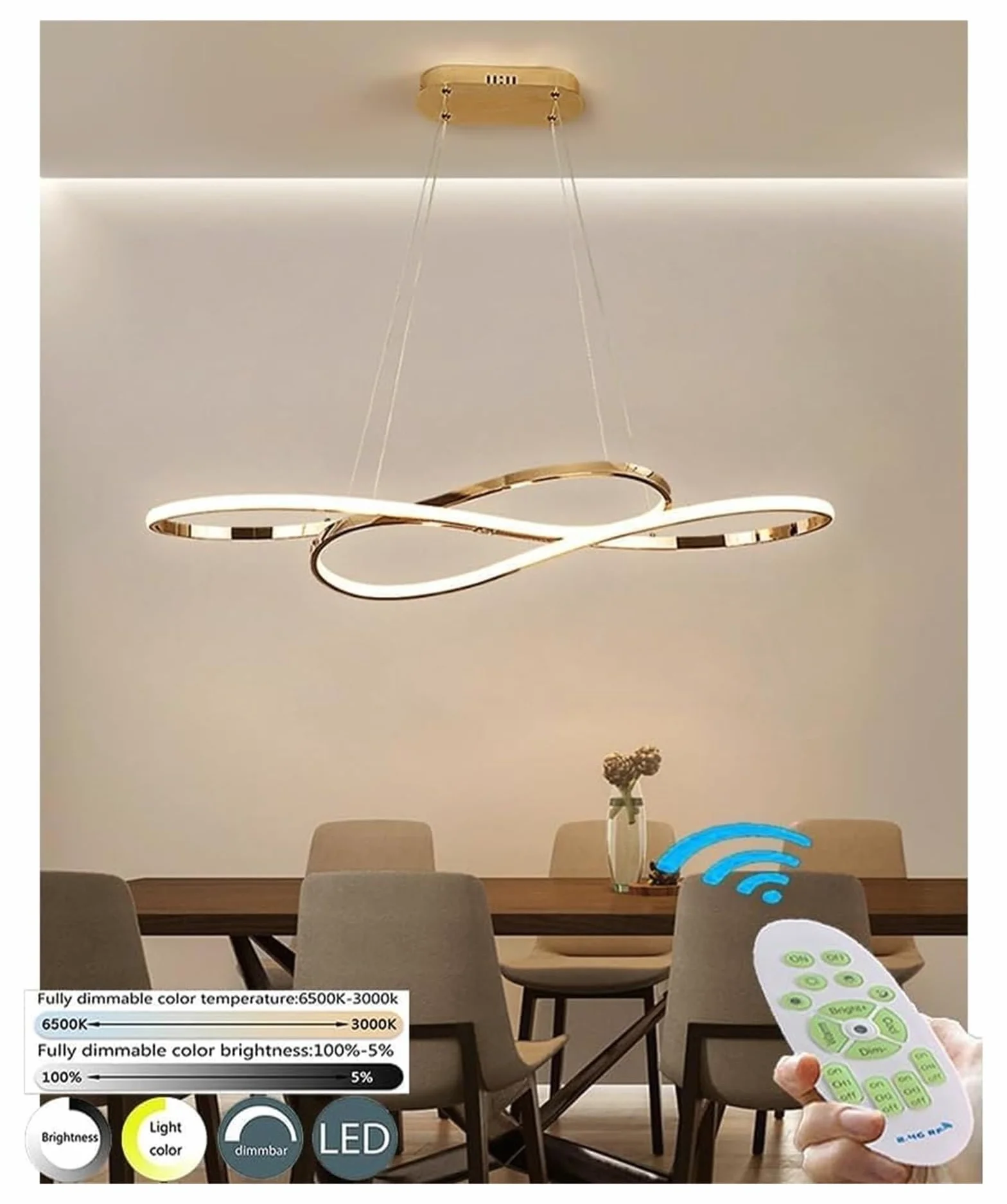 Lampy wiszące, nowoczesne żyrandole pierścieniowe z diodą LED, długa chromowana liniowa oprawa sufitowa kompatybilna ze stołem jadalnym, salonem i wyspą kuchenną (ciemna) w