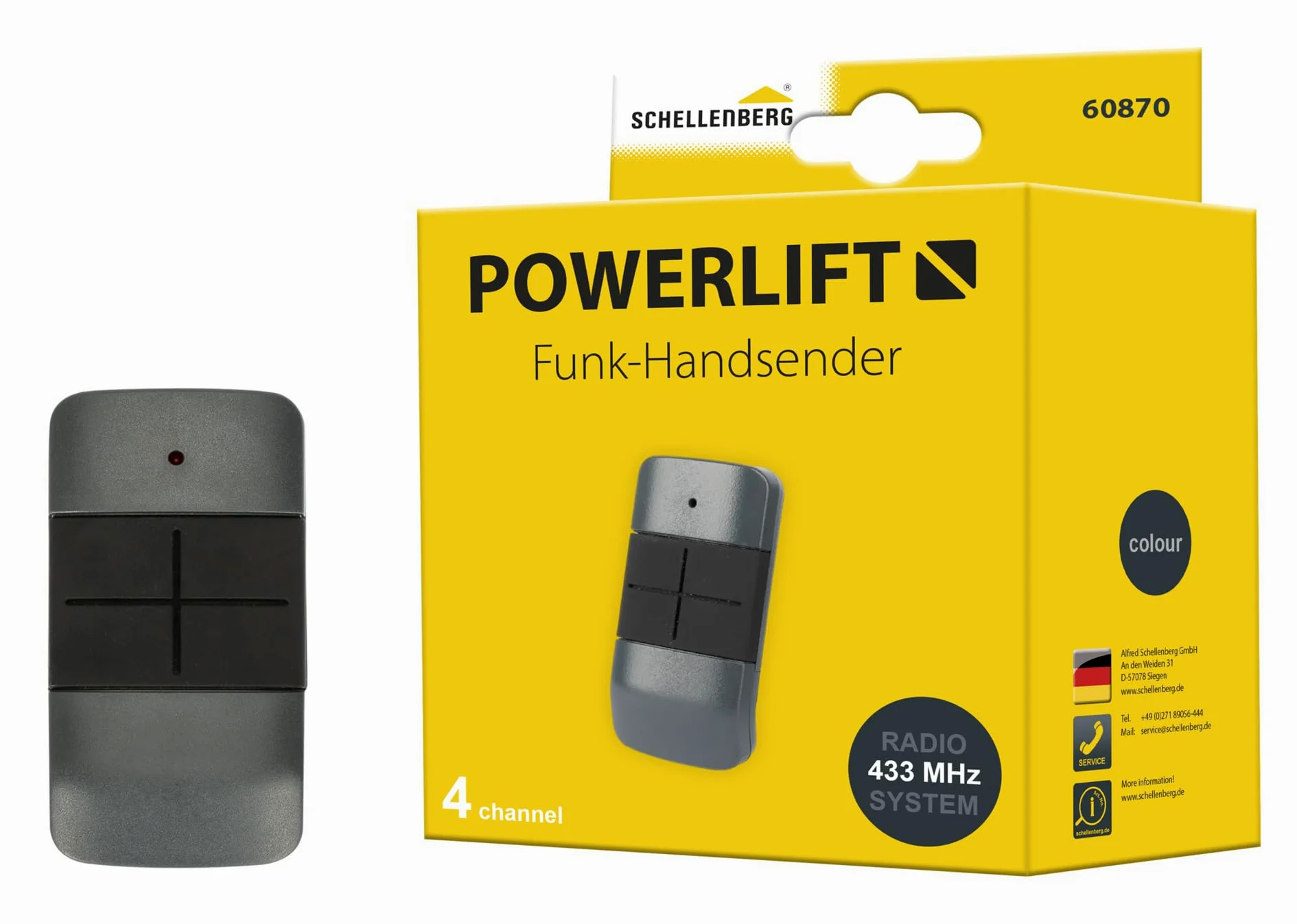 Schellenberg Powerlift Pilot radiowy 4-kanałowy do napędów bram garażowych i zewnętrznych, częstotliwość radiowa 433,92 MHz, zasięg 40 m w terenie otwartym, wraz z baterią, 60870