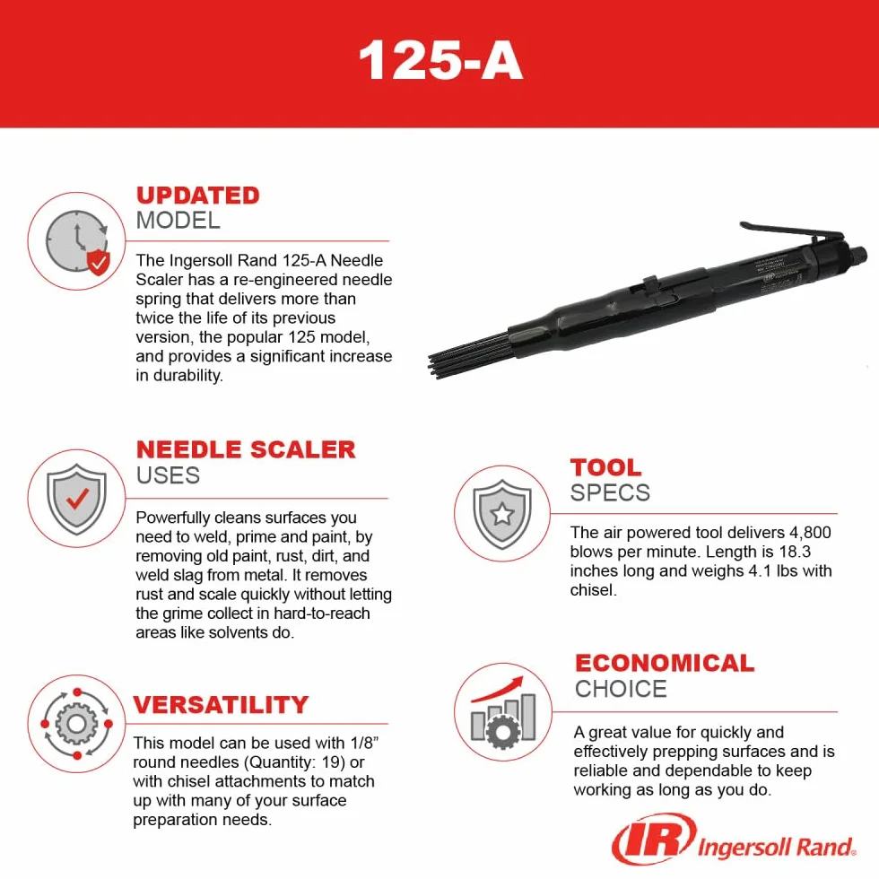 Ingersoll Rand 125-A Młotek Igłowy Pneumatyczny Czarny Trwały Narzędzie do Obróbki Powierzchni 4800 Uderzeń/min 465mm