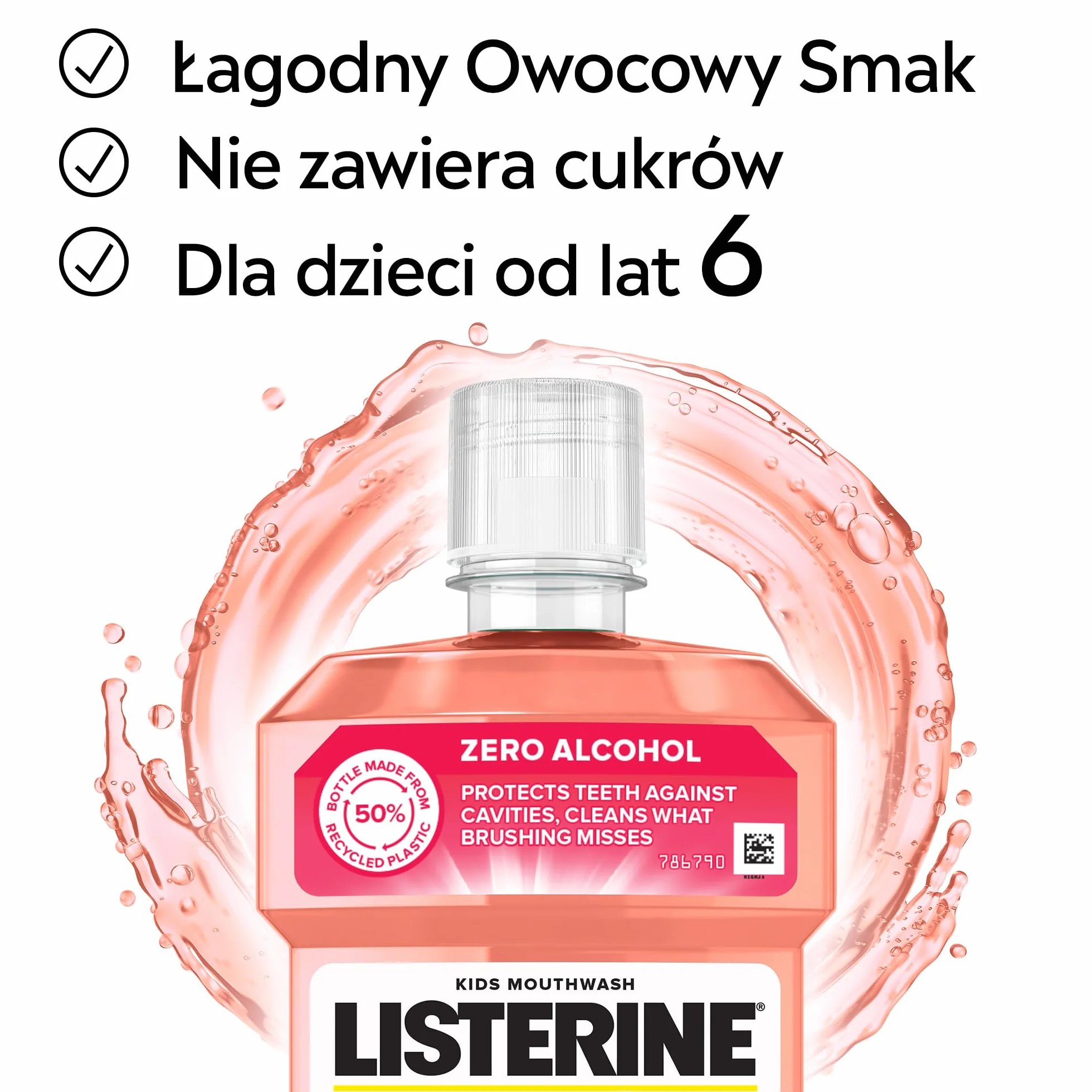LISTERINE Smart Rinse Berry 500 ml, Płyn do płukania jamy ustnej dla dzieci o łagodnym, owocowym smaku bez alkoholu i cukru, Chroni przed próchnicą, Odpowiedni dla dzieci od 6 roku życia
