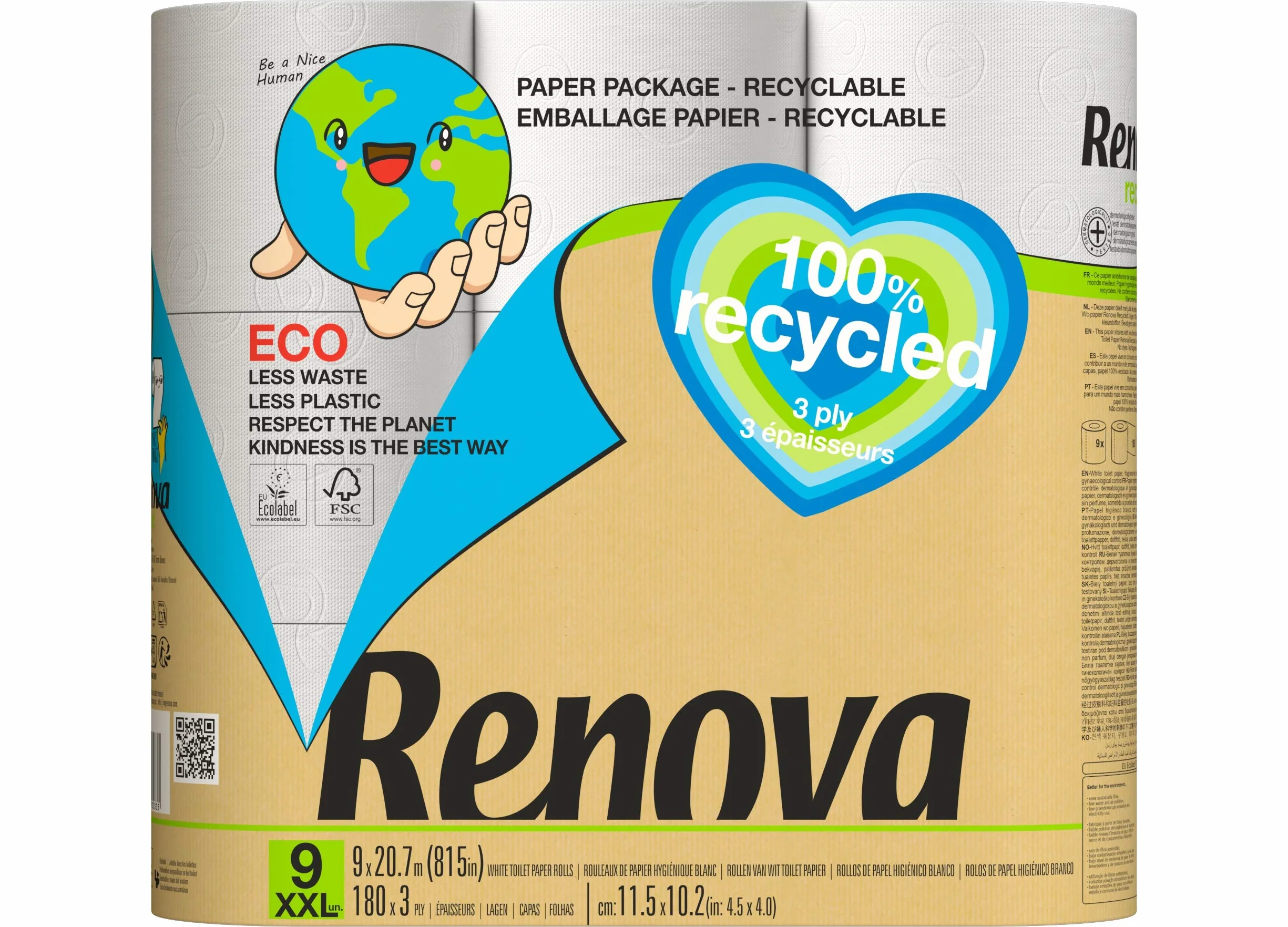 Renova Papier toaletowy w 100% z recyklingu i papier opakowanie 9 sztuk 921 g