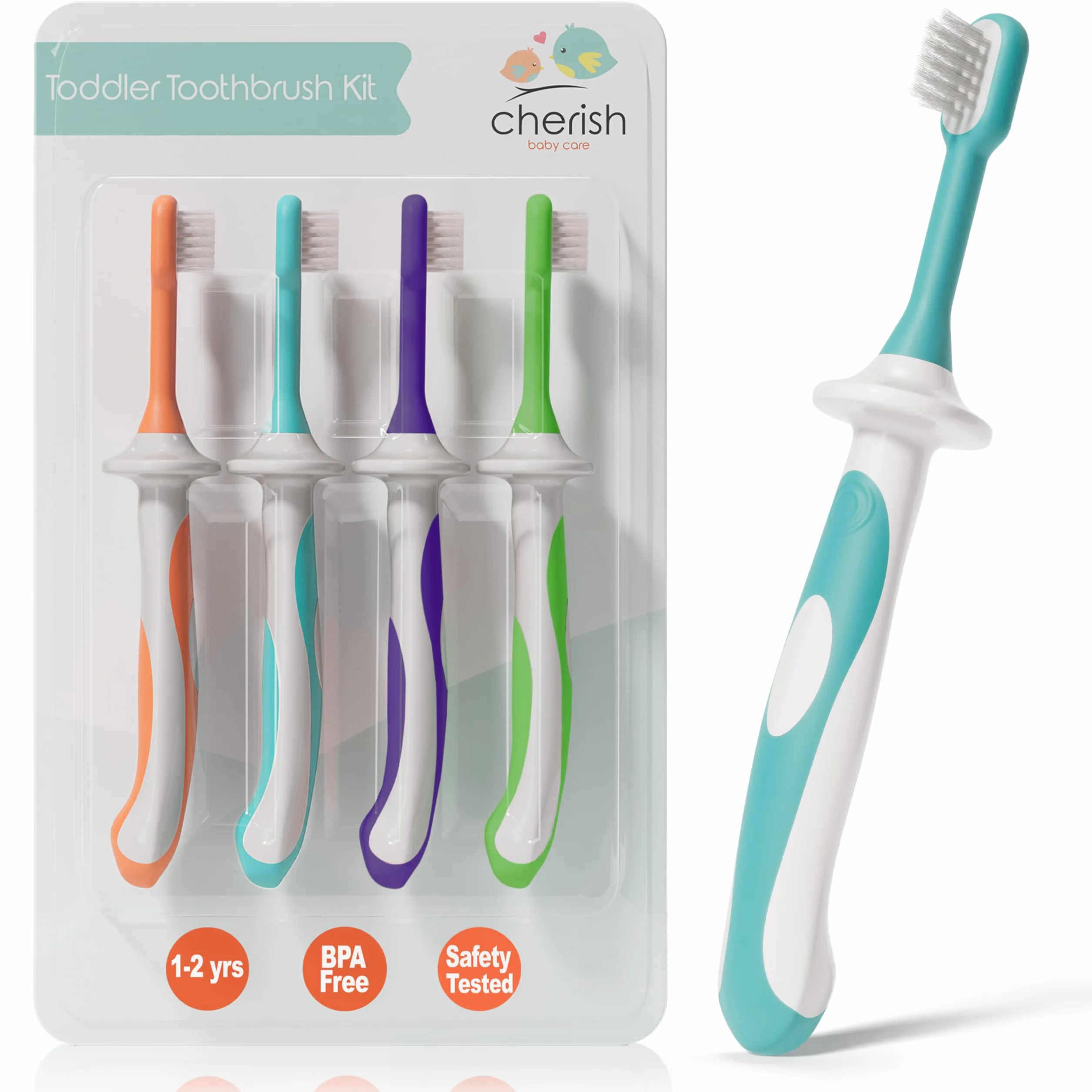 Cherish Baby Care Zestaw szczoteczek dla dzieci (4 sztuki) - szczoteczka dla dzieci w wieku 1 roku, nie zawiera BPA, zaprojektowana przez dentystę dziecięcą, silikonowa szczoteczka do zębów dla