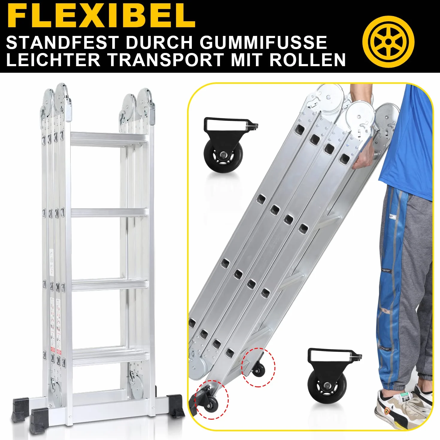 Herrselsam Wielofunkcyjna drabina 4 x 4, 7 w 1, 470 cm, aluminiowa, z 2 platformami i kółkami, maksymalne obciążenie 150 kg, drabina wielofunkcyjna 16 szczebli (DY8972-M-1x)