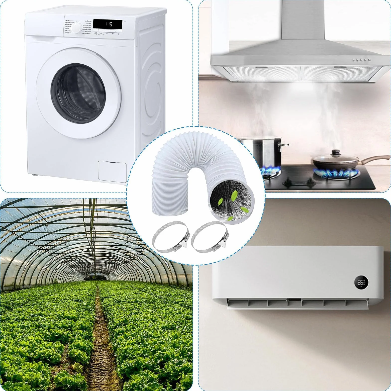 Biały wąż powietrza wylotowego 150 mm długość 3 m PCW elastyczna rura aluminiowa wąż aluminiowy wąż aluminiowy wąż elastyczny z 2 obejmami ze stali nierdzewnej do klimatyzatorów, przenośnych