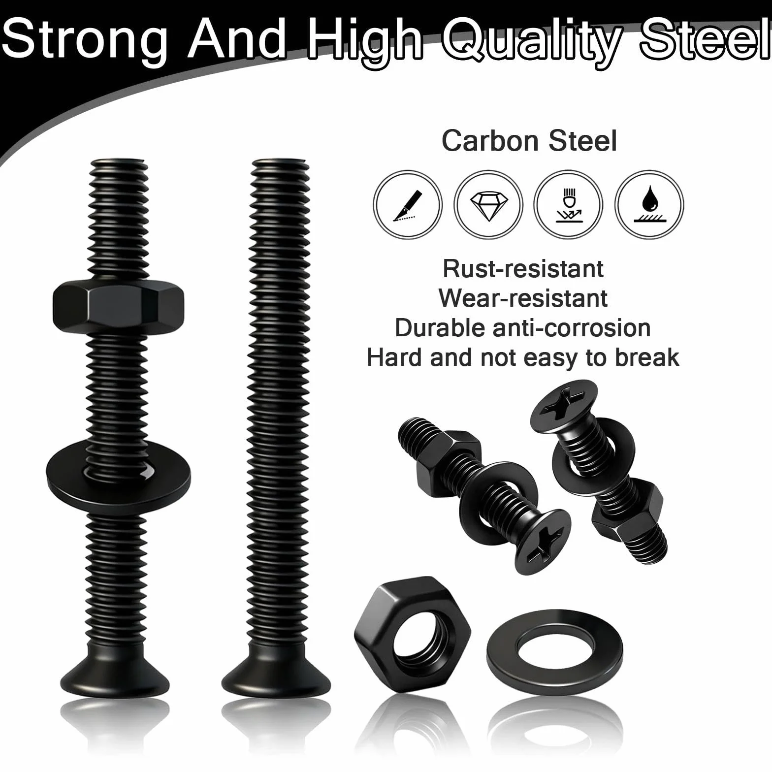 60 sztuk M2x20mm Zestaw śrub i nakrętek, czarne śruby z łbem krzyżowym z płaskim łbem krzyżowym i nakrętki i podkładki zestaw ze stali węglowej do mebli, maszyn