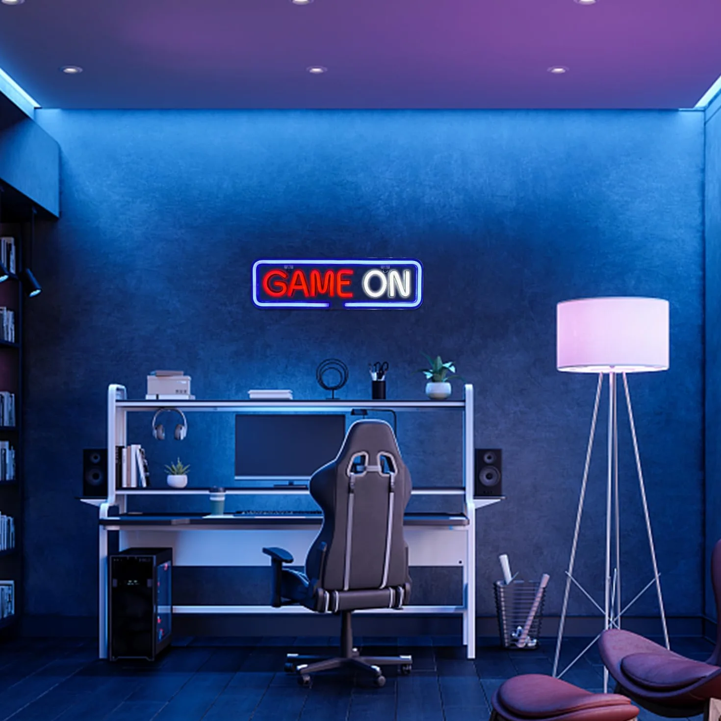 Game On Neon Dekoracja ścienna Gra Led Neon Light USB Akrylowe oświetlenie dekoracyjne do pokoju zabaw, sypialni, domu, baru, gry, konkursu, klubu, na imprezę, prezent urodzinowy (niebieski czerwony)