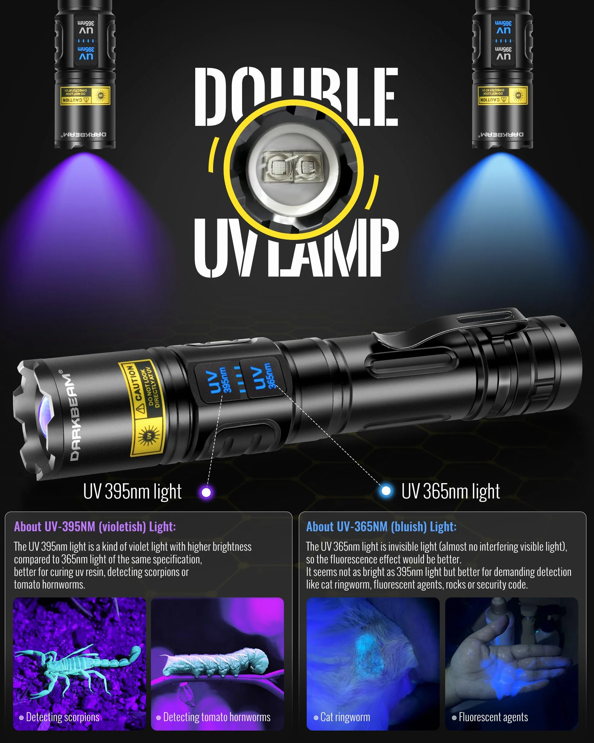 DARKBEAM Latarka UV Blacklight 365nm & 395nm Podwójne Czarne światło, Latarki LED USB ładowane Potężna Ultrafioletowe Woodsche Lampa moczu zwierząt domowych do szkła uranowego, utwardzania żywicy