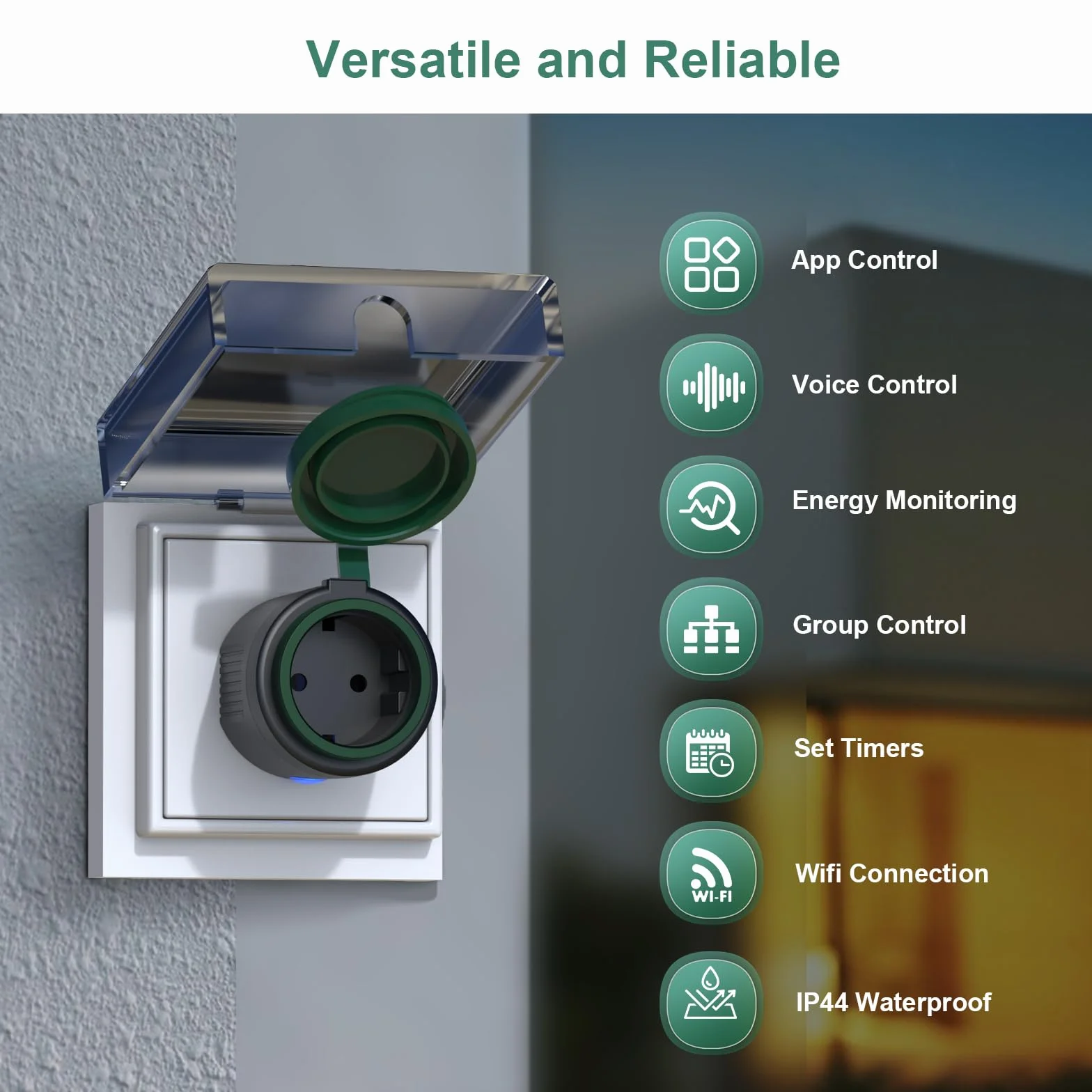 EIGHTREE Zewnętrzne gniazdko Wi-Fi IP44, wodoodporne, z pomiarem zużycia energii, kompatybilne z Alexa, SmartThings i Google Home, timer i zdalne sterowanie, 2.4 GHz