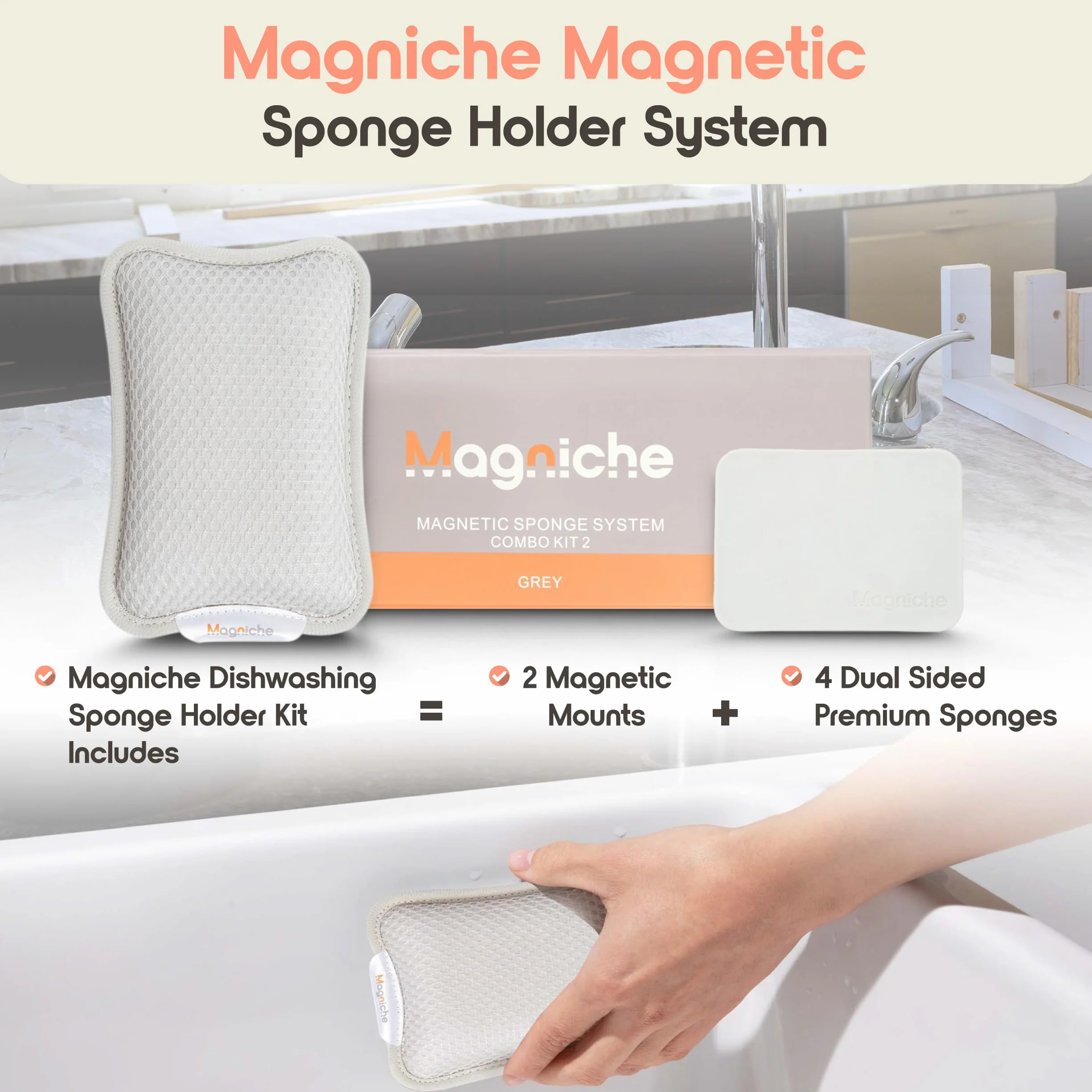Magnetyczny system gąbki premium – dwustronna konstrukcja do czyszczenia kuchni, nadaje się do mycia w zmywarce, 4 gąbki do naczyń + 2 uchwyty magnetyczne, zestaw Combo