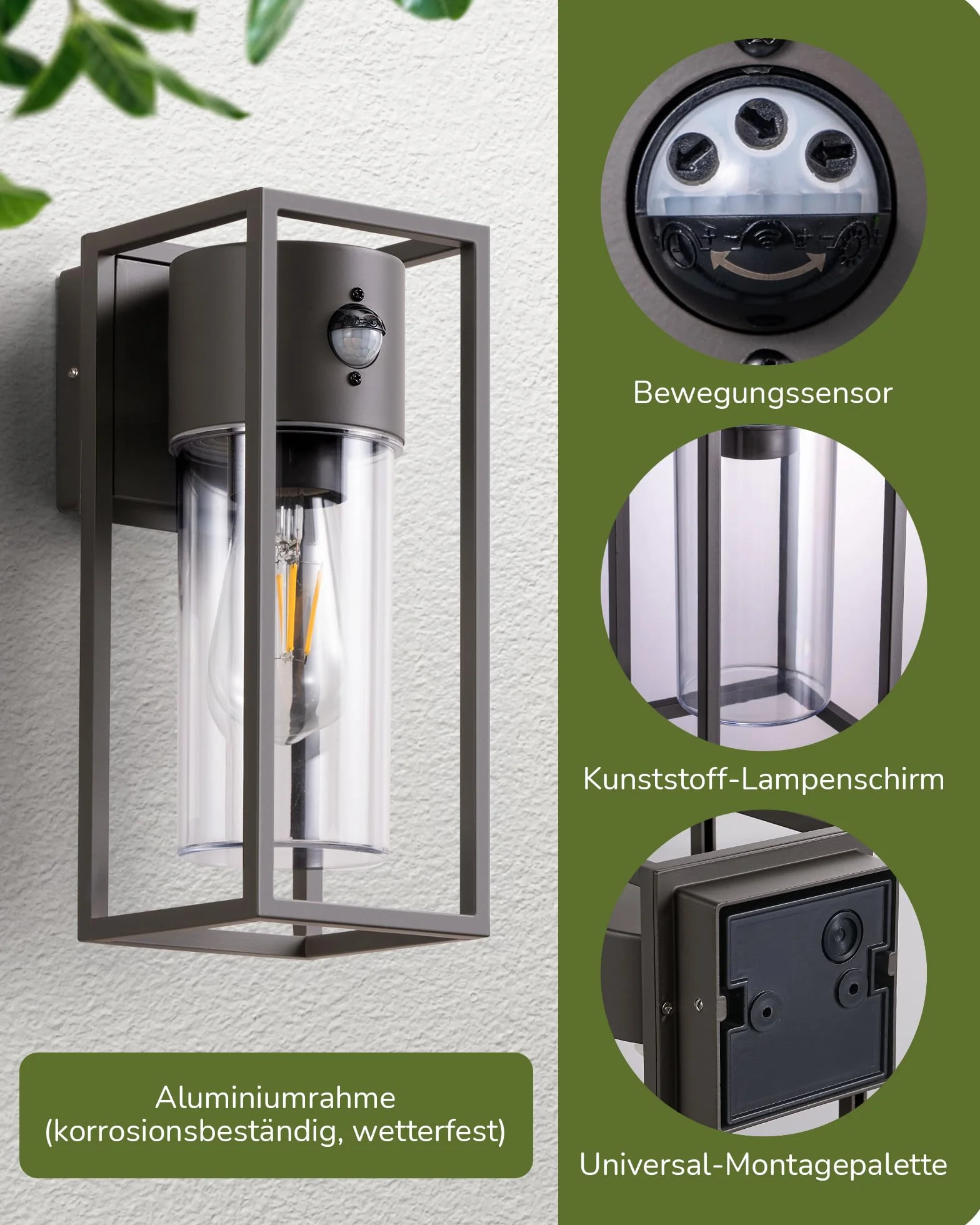 EDISHINE Zewnętrzna lampa ścienna z czujnikiem ruchu, gniazdo E27, wodoodporna IP44, lampa ścienna z aluminium i szkła hartowanego do ogrodu, na taras, fasadę, żarówki nie są dołączone, antracytowa