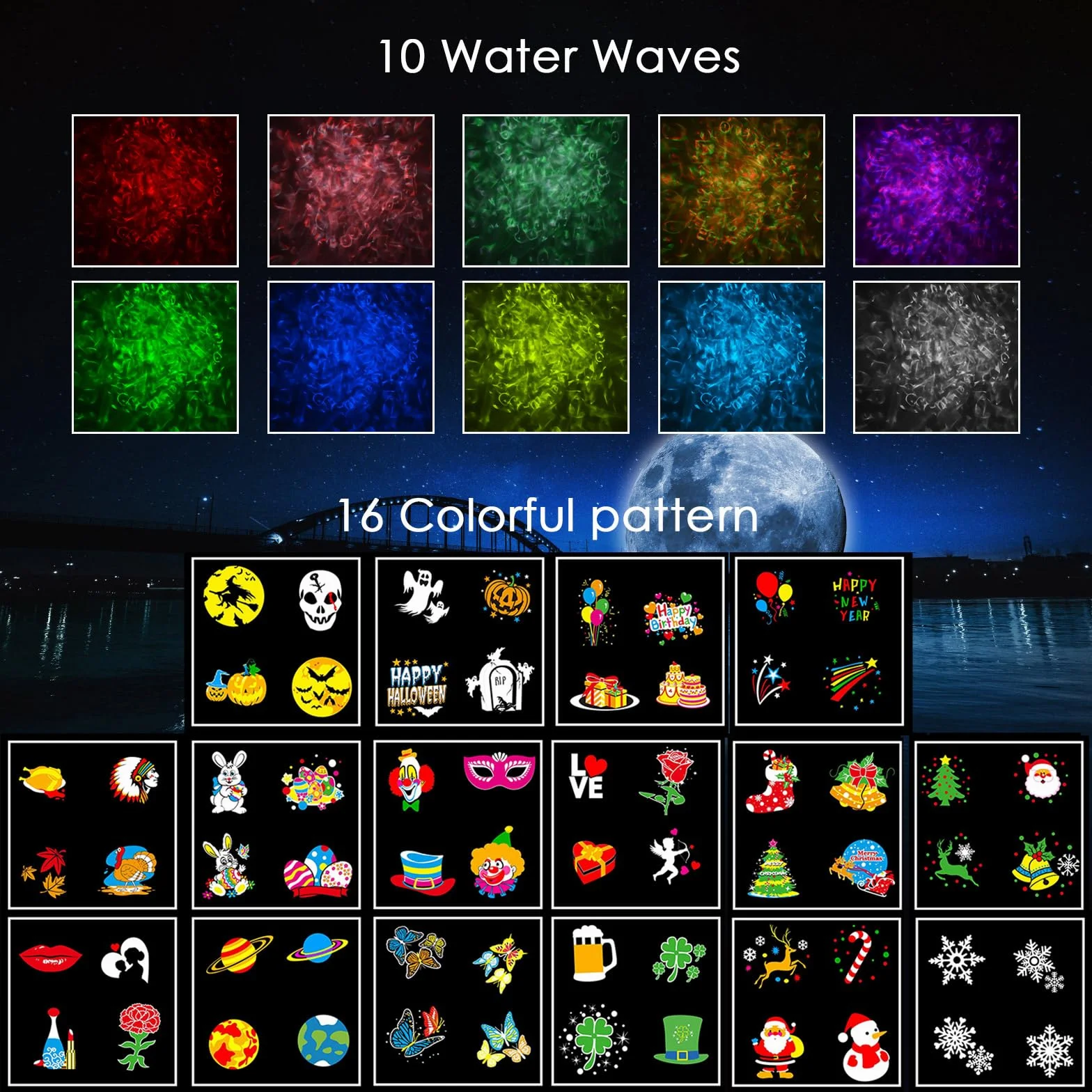 YAZEKY Christmas Projector Lights LED 16 wzorów 10 kolorów IP65 Pilot 2 w 1 Dekoracja świąteczna