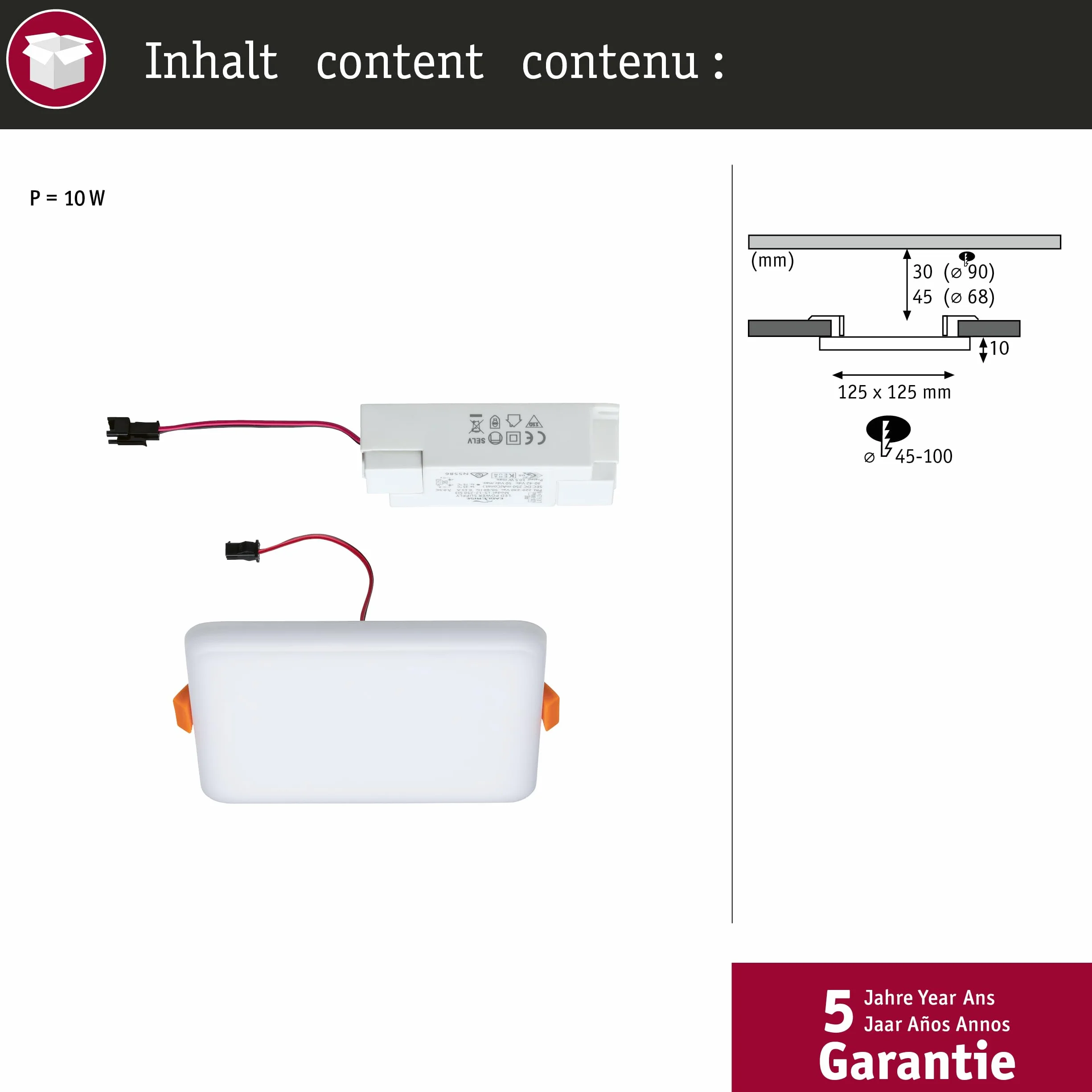Paulmann 92397 Panel LED, oprawa wpuszczana Veluna VariFit, IP44 125x125mm czworok., w kompl. oprawa sufitowa 1x8,5 W satyn. tworzywo sztuczne 4000 K