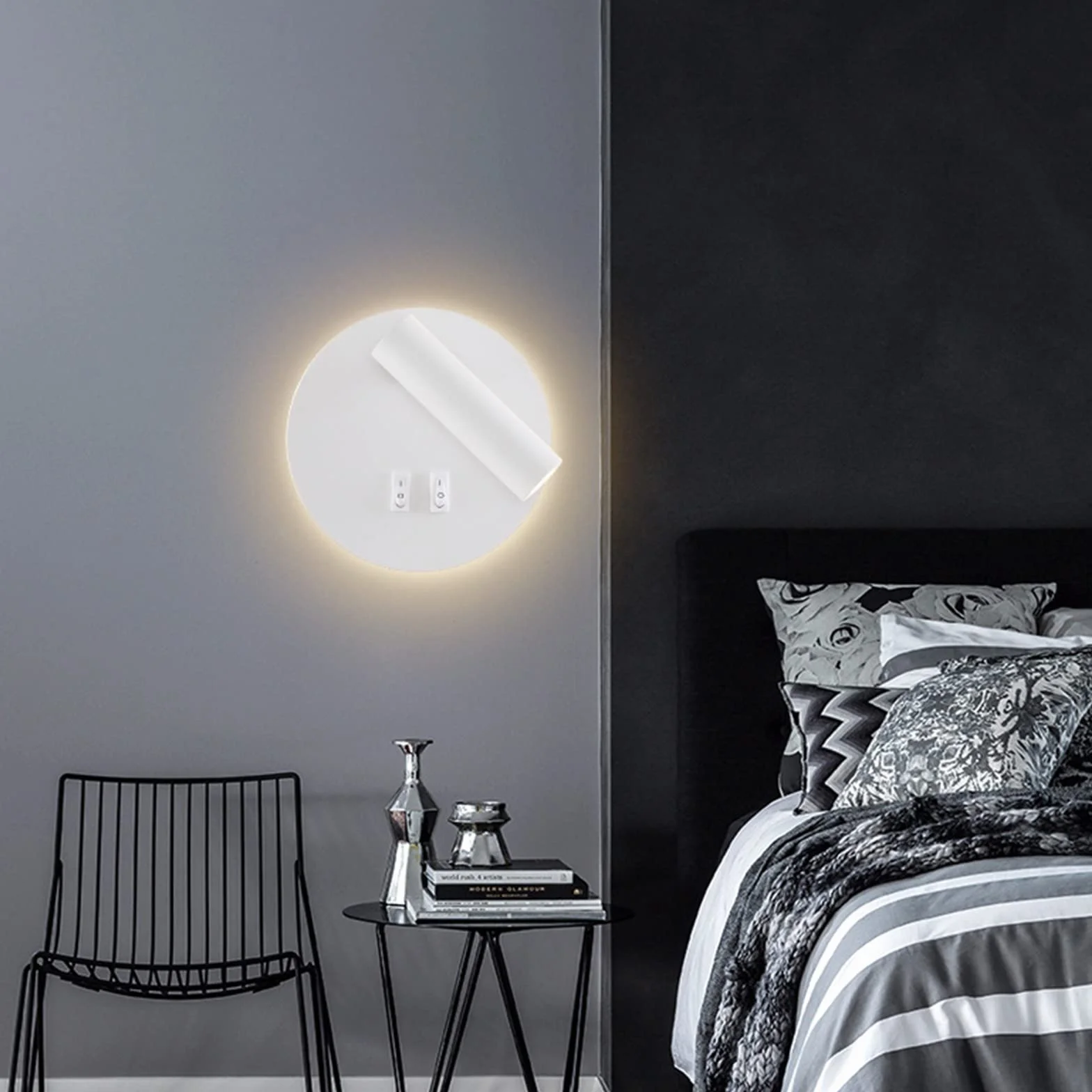 Lampa ścienna uksunvi LED, lampa ścienna do czytania nocnego, 12W lampy do czytania ścienne LED, regulowane reflektory (3W +9W 3000K ciepłe światło) czarne (Okrągły biały)