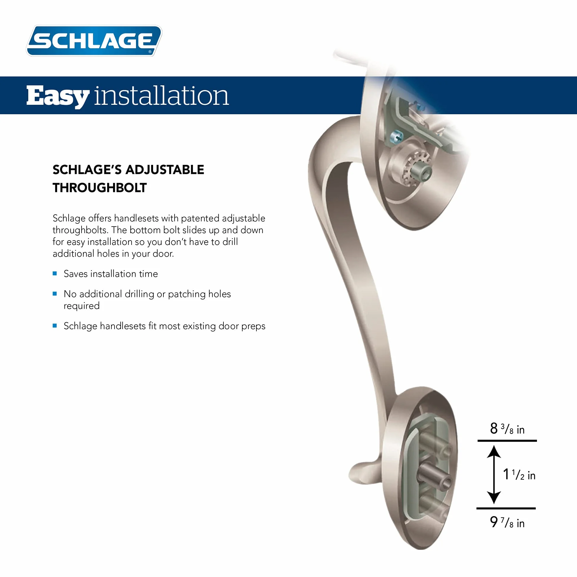 Schlage F60 V CAM 619 GEO Camelot przedni zestaw klamek wejściowych z gruzińską gałką, zasuwa z 1 stroną, satynowy nikiel