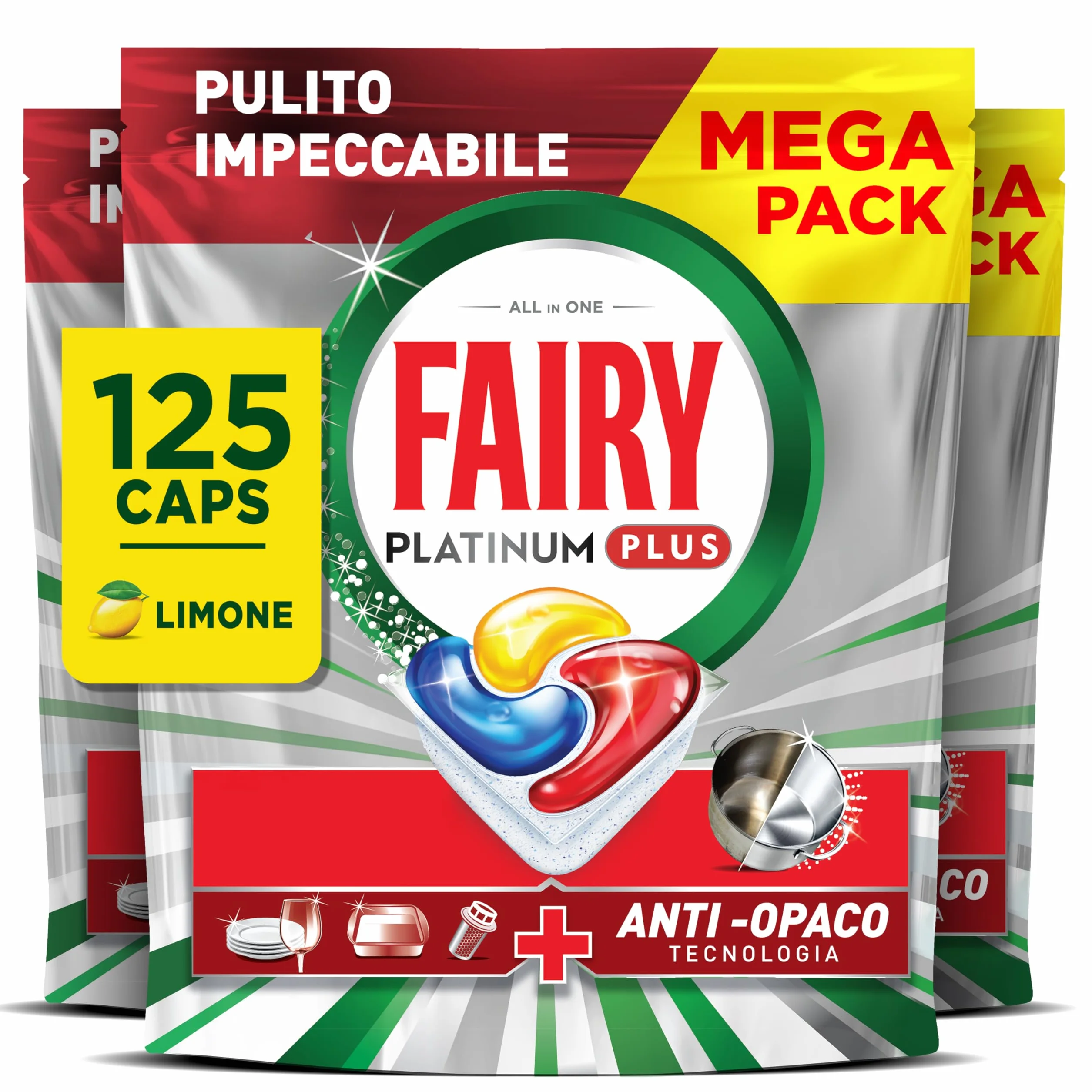 Fairy Platinum Plus Complete All-In-1 tabletki do zmywarki luzem, 125 tabletek, cytryna, z technologią antymatową i funkcją płukania, skuteczne w krótkich cyklach (opakowanie może się różnić)