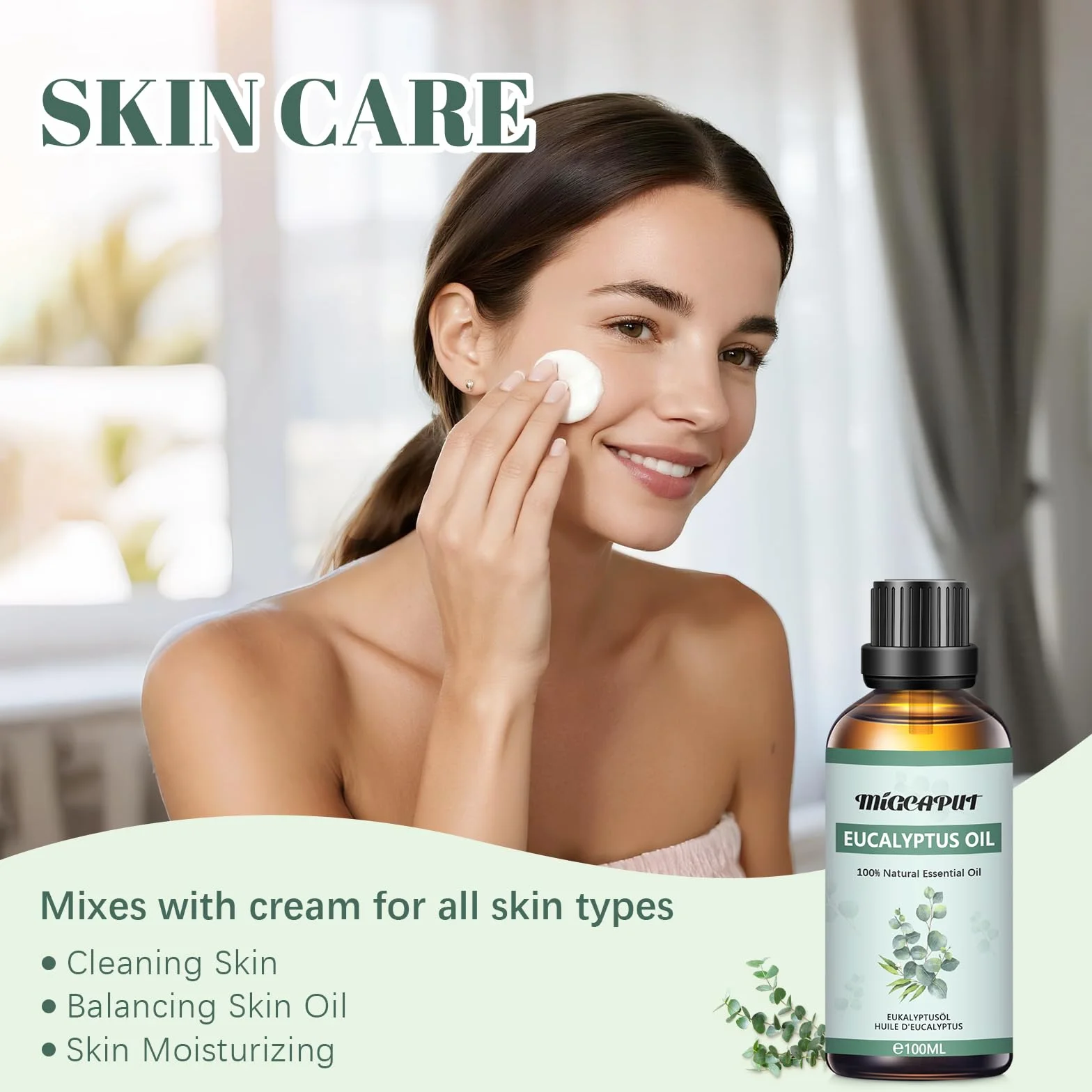 MIGCAPUT Olejek Eteryczny z Eukaliptusa 100ML, Naturalny Olejki Aromaterapeutyczny, Eukaliptusa Olejek Zapachowy Premium do Dyfuzora, SPA, Masażu, Ręcznie Robione Mydło, Ręcznie Robione Świece