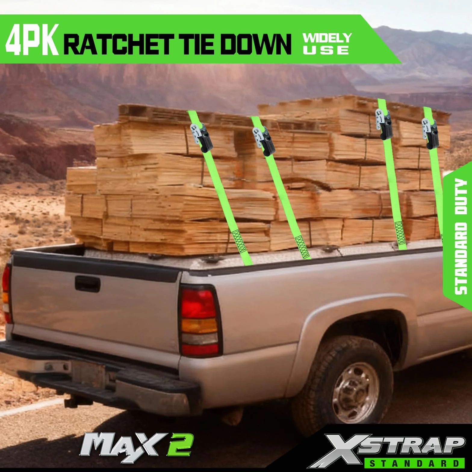 XSTRAP STANDARD Ratchet Tie Down Straps 4Pk 15Ft 1500Lb Break Strength, Cargo Straps for Moving Appliances, Lawn Equipment, Motorcycle, Includes 4 Soft Loops