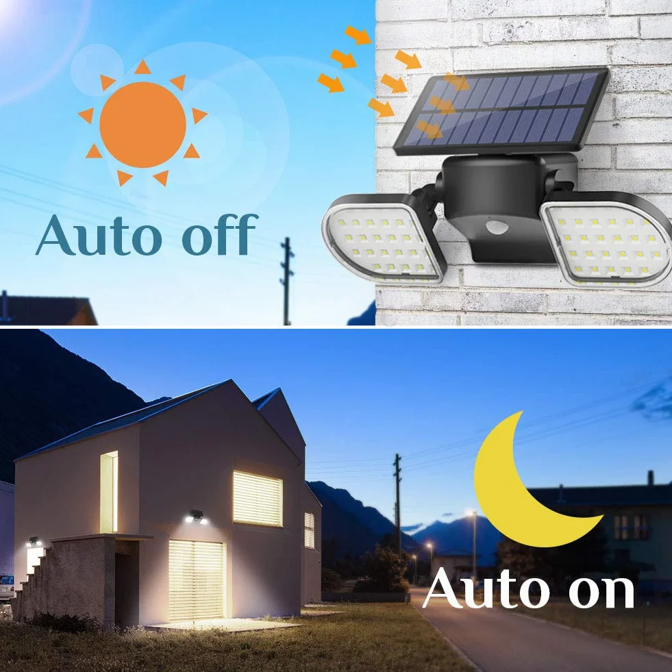 OUSFOT Lampy solarne na zewnątrz 56 LED solarne światła powodziowe czujnik ruchu podwójny panel światło bezpieczeństwa 360° regulowany reflektor ścienny IP65 wodoodporny do ogrodu garażu podjazdu drzwi wejściowych