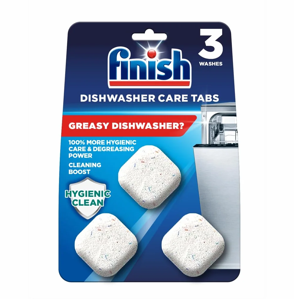 Finish, Środek do czyszczenia zmywarki, tabletki do mycia, 3 zakładki, usuwa tłuszcz i brud, zwalcza nieprzyjemny zapach dla czystszej higienicznej zmywarki. 100 procent więcej substancji czynnych do