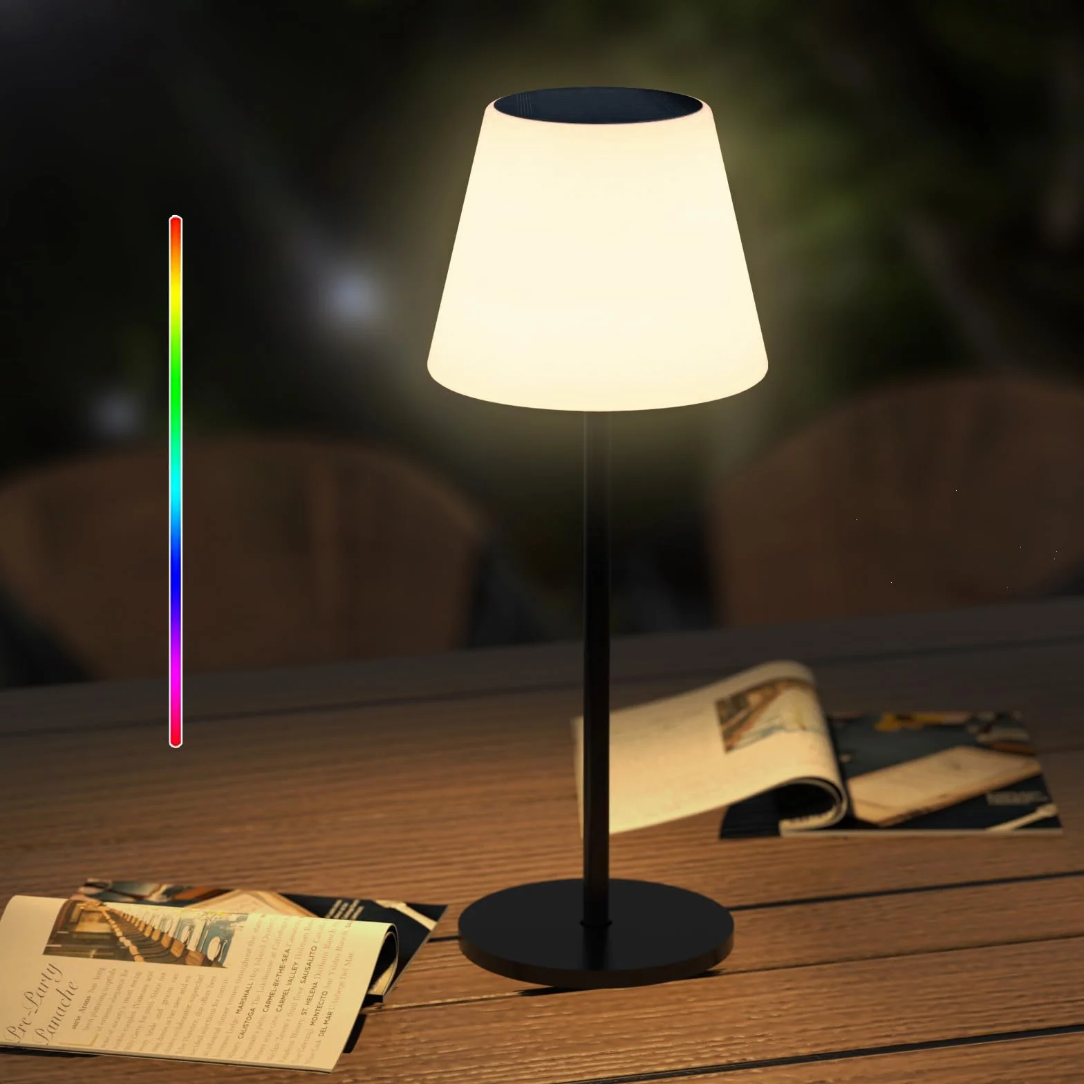 Solarna lampa stołowa zewnętrzna z czujnikiem światła, ściemniana ciepła biel i RGB LED, bezprzewodowa, przenośna, ładowalna, wodoodporna lampa zewnętrzna na taras, do ogrodu, na kemping