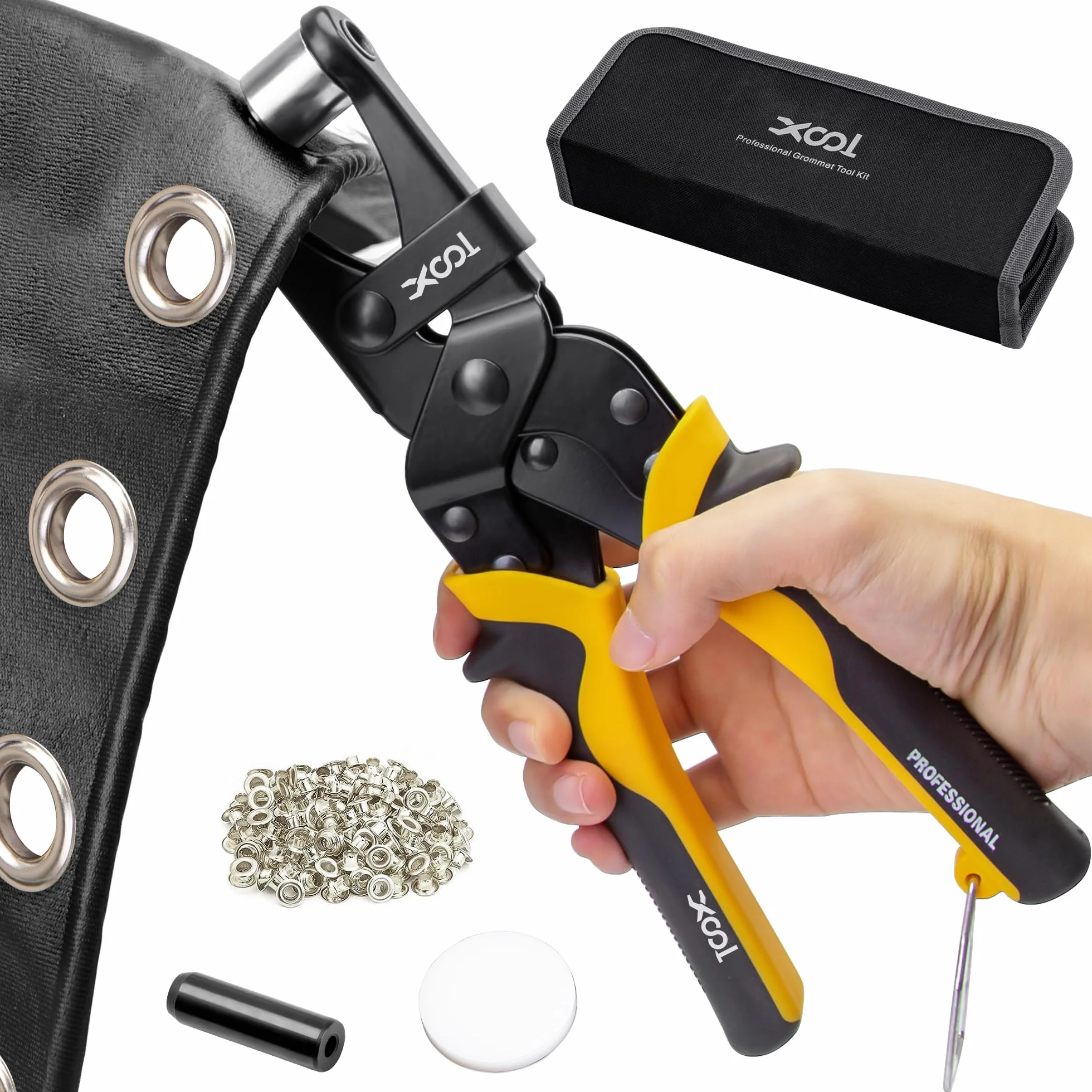 XOOL Zestaw do zakuwania oczek 10 mm – 200 kompletów oczek z magnetycznym pozycjonowaniem, wytrzymałe szczypce do oczek z wycinakiem otworów do plandek, płótna, tkanin, banerów, skóry i projektów DIY