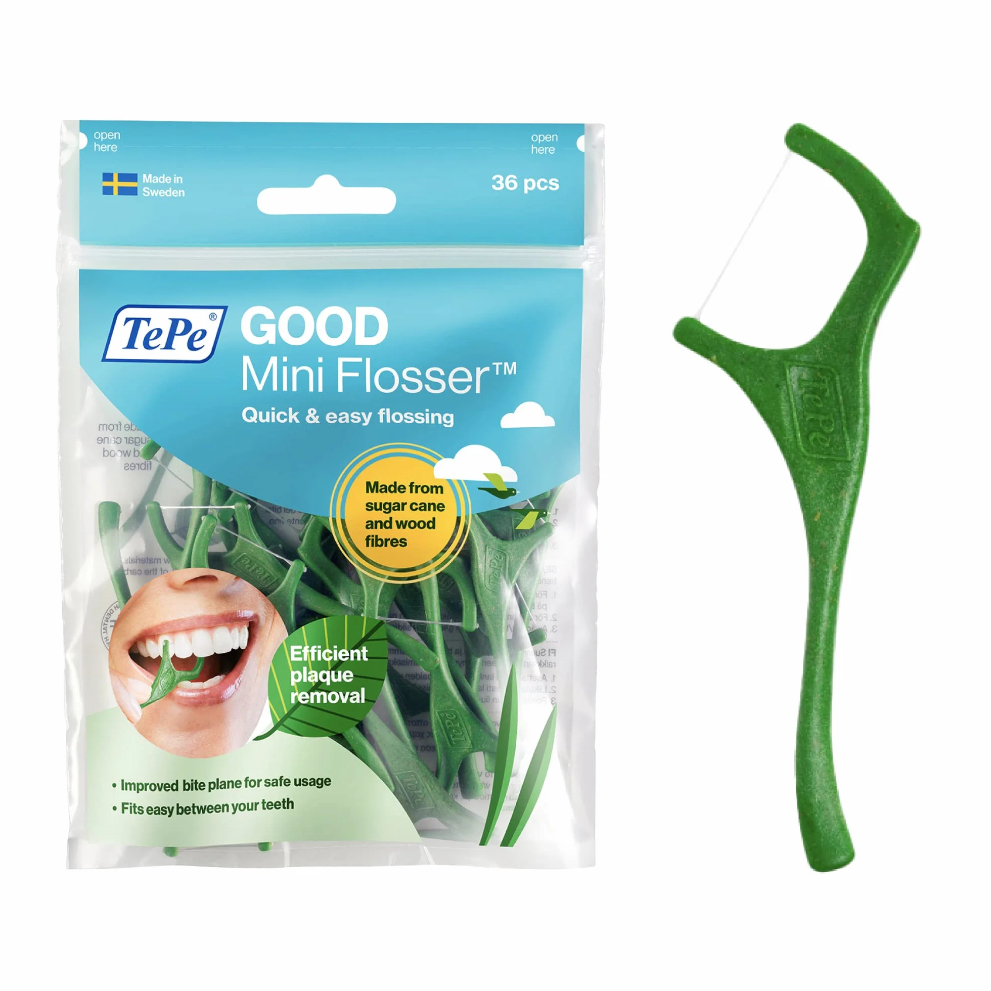 TePe GOOD Mini Flosser Niciowykałaczki, zielony, 36 sztuk, wykałaczki z nicią dentystyczną, skuteczne usuwanie płytki nazębnej, łatwe czyszczenie