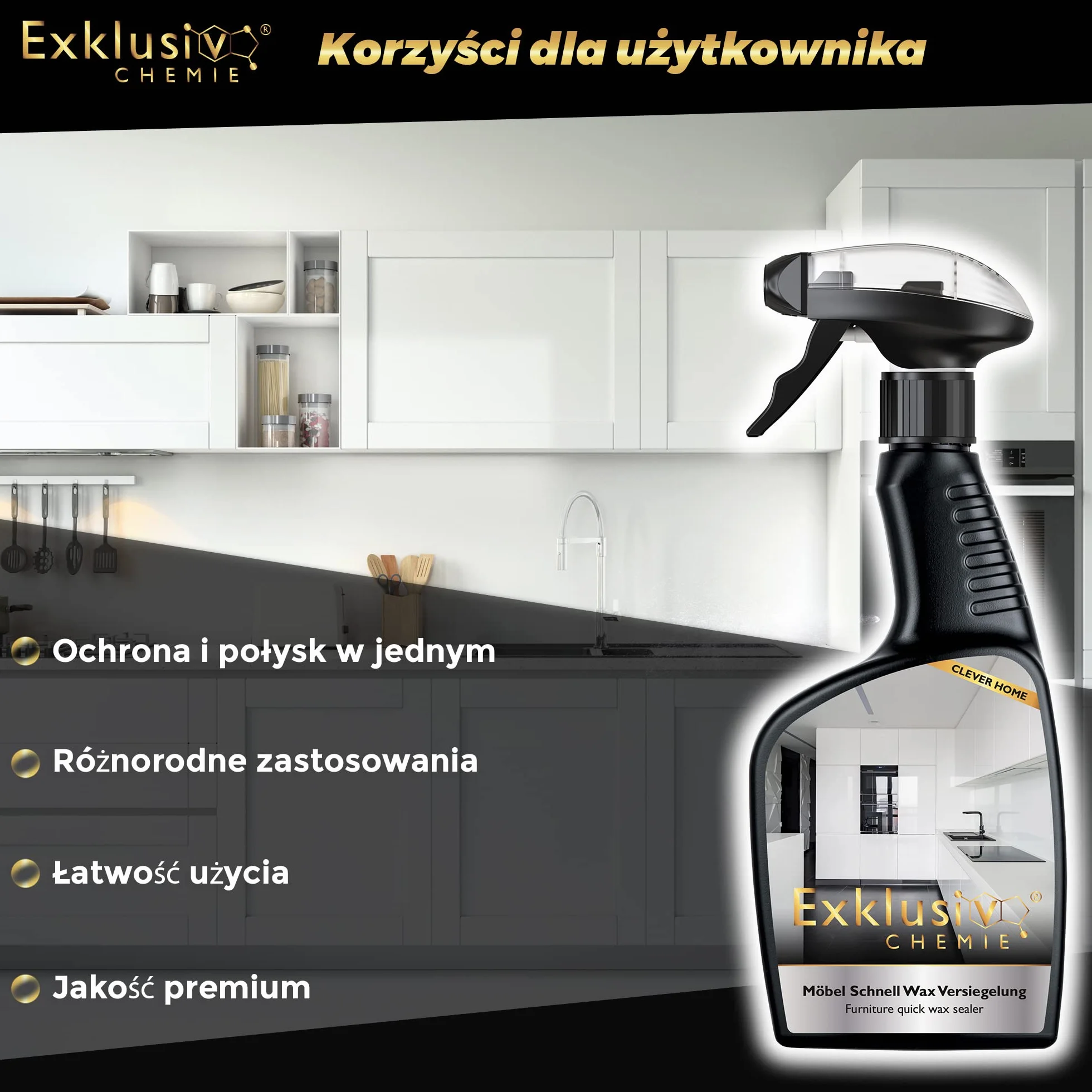 Exklusiv Chemie® Środek do czyszczenia frontów na wysoki połysk | Pielęgnacja i lakierowanie mebli na wysoki połysk | Lakier do mebli | Drewno fornirowane, powierzchnie lakierowane, kuchnie, drzwi, lakier fortepianowy | 0,5 l | Do drewna fornirowanego, po