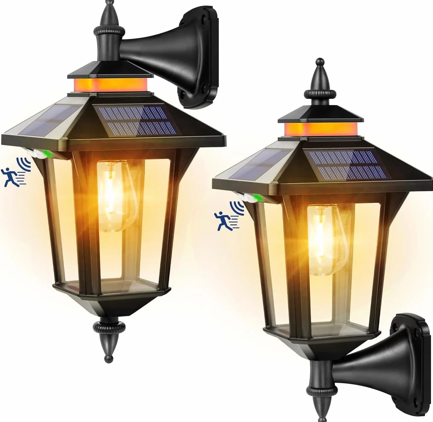 Moman Zewnętrzne lampy solarne, vintage, zewnętrzna lampa solarna z czujnikiem ruchu, 3 tryby IP65, wodoodporna, do ogrodu na patio, 2 szt., projektor solarny i zewnętrzny, oświetlenie lampy