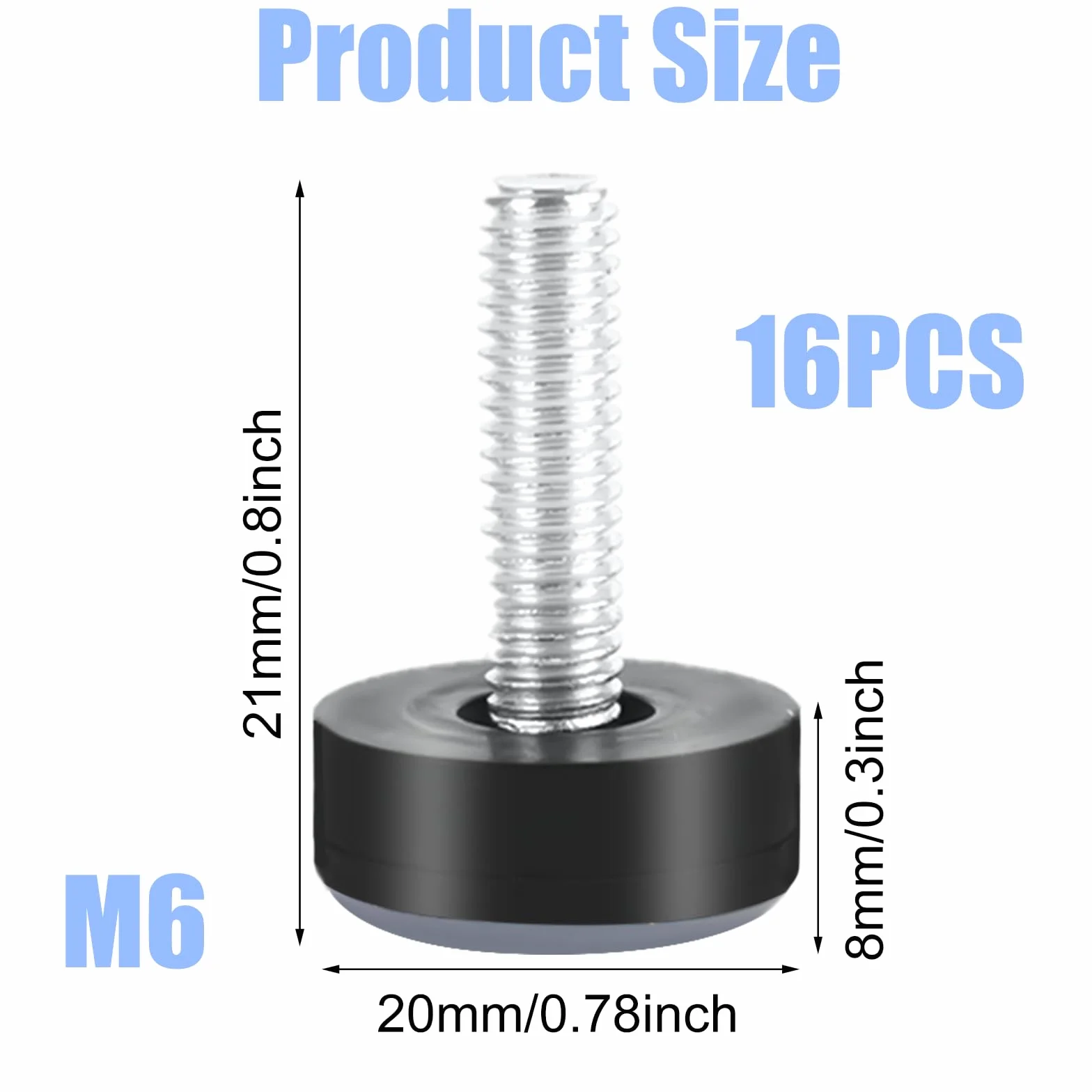 16 sztuk ślizgaczy teflonowych 20 x 6 mm, nóżki do mebli z gwintem M6, ślizgacze do krzeseł z gwintem, nóżki do mebli tarasowych M6, ślizgacze meblowe z gwintem z PTFE, do krzeseł, stołów, sof