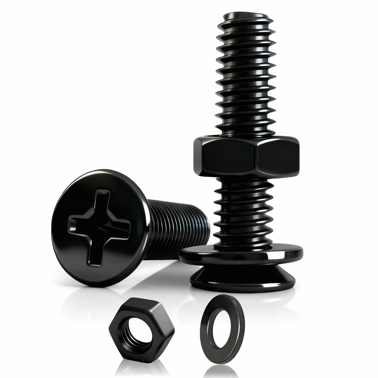 60 sztuk M2x20mm Zestaw śrub i nakrętek, czarne śruby z łbem krzyżowym z płaskim łbem krzyżowym i nakrętki i podkładki zestaw ze stali węglowej do mebli, maszyn