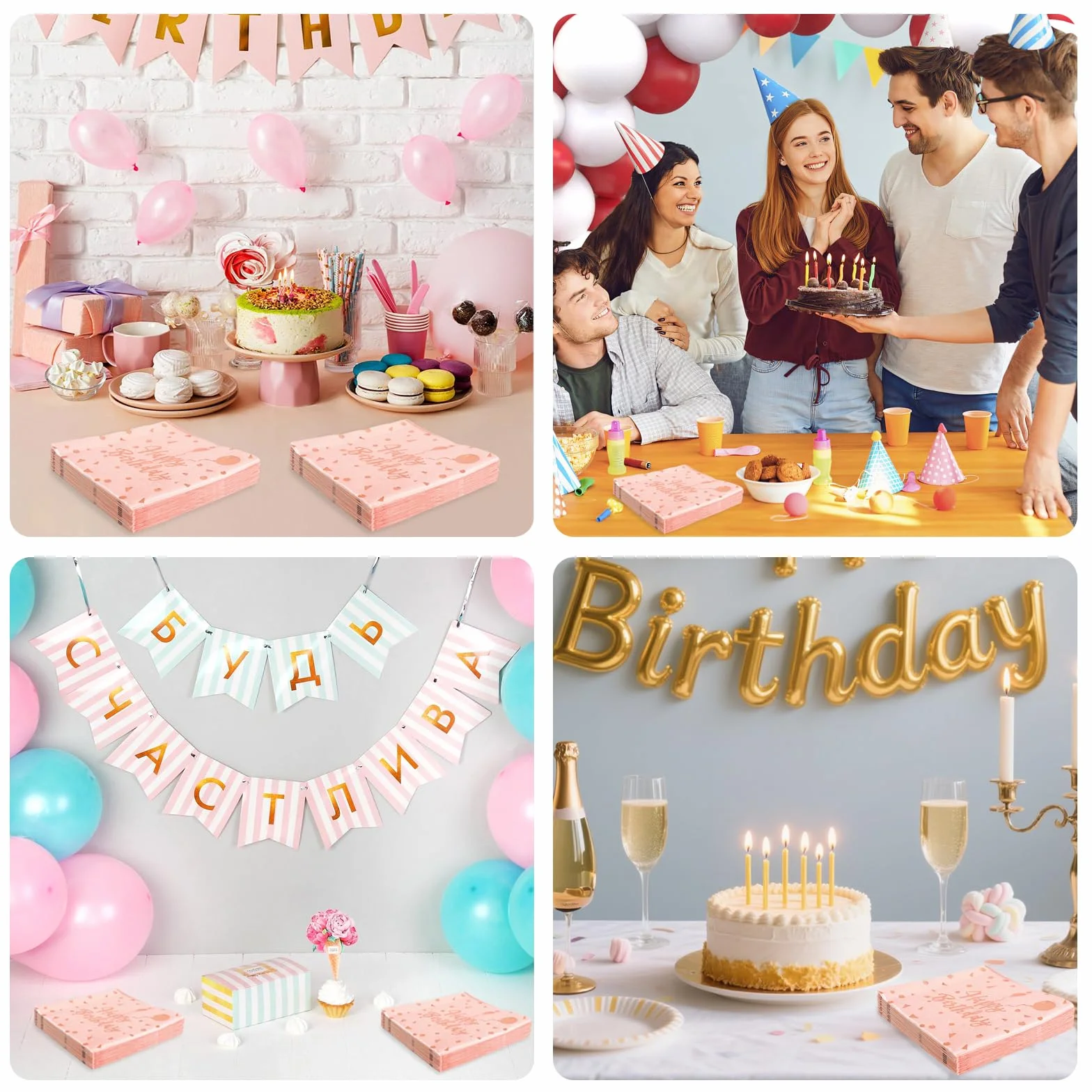 40 sztuk serwetek w kolorze różowym z napisem Happy Birthday, 33 x 33 cm, serwetki urodzinowe dla dzieci, kobiet dekoracja na urodziny, rocznicę, wieczór panieński i inne imprezy