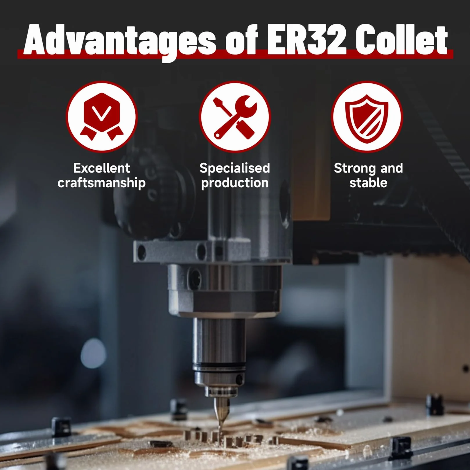 8 szt. tulei zaciskowej ER32 o standardowych rozmiarach: 1/8", 3/16", 1/4", 5/16", 3/8", 1/2", 5/8", 3/4" pasujące do grawerki CNC