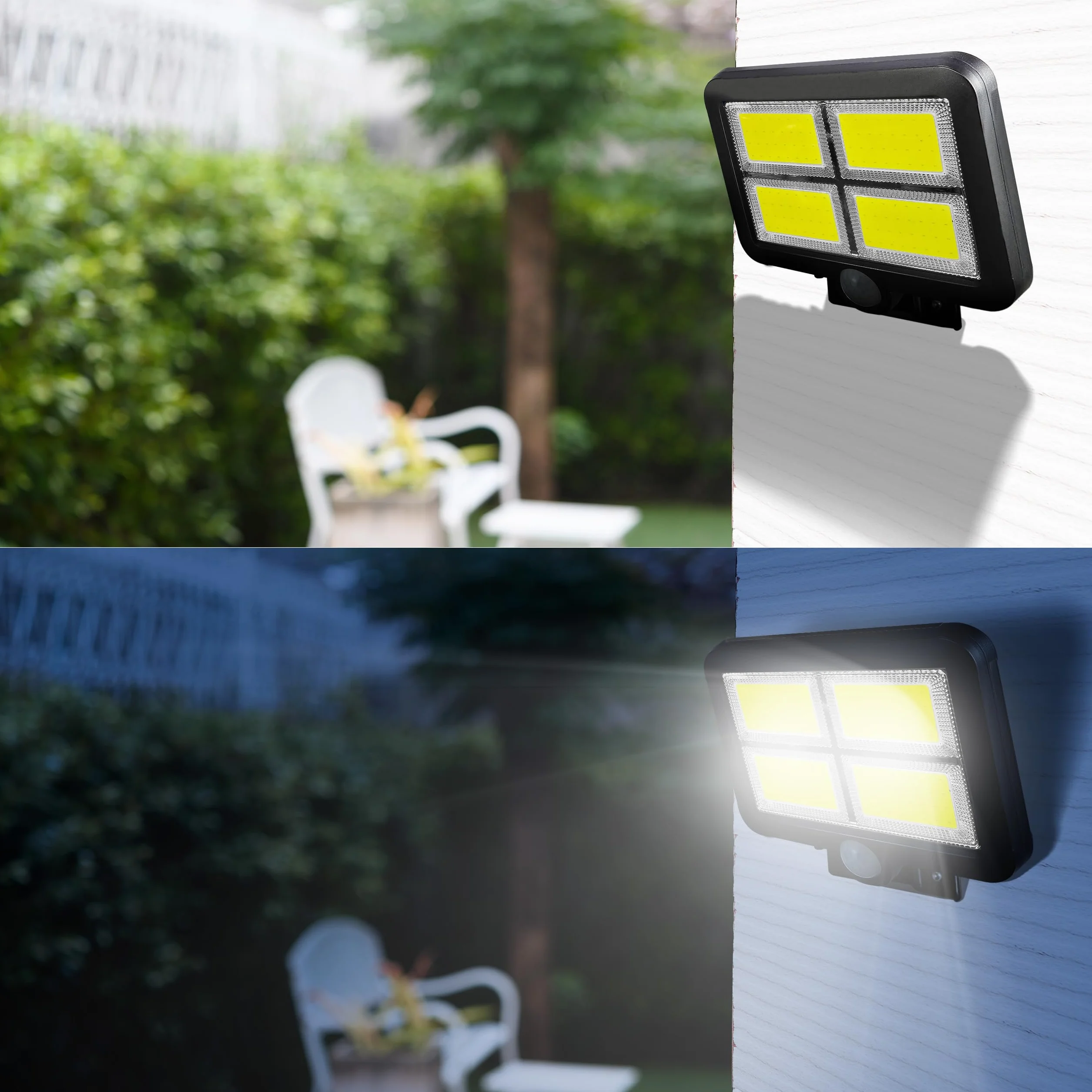 Retoo Lampa solarna zewnętrzna z czujnikiem ruchu 120 diod LED Nowy model lampy słonecznej do ogrodu Kinkiet solarny do użytku na zewnątrz idealne na patio werandę garaż drzwi wejściowe