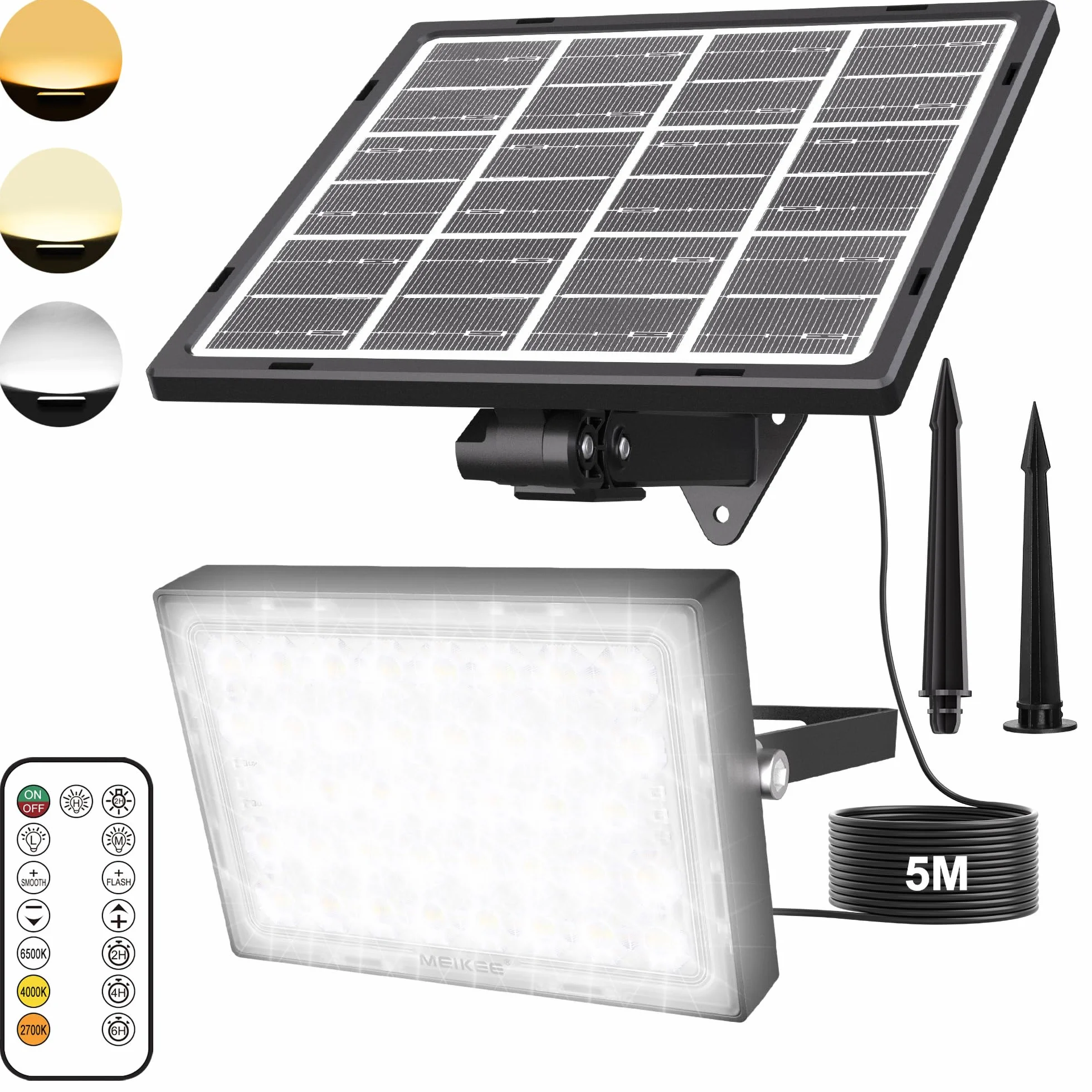 MEIKEE Zewnętrzny reflektor solarny z 78 diodami LED, pilot zdalnego sterowania, 3 tryby świecenia, jasność i kolor, wodoszczelność IP66, do ogrodu, garażu, tarasu