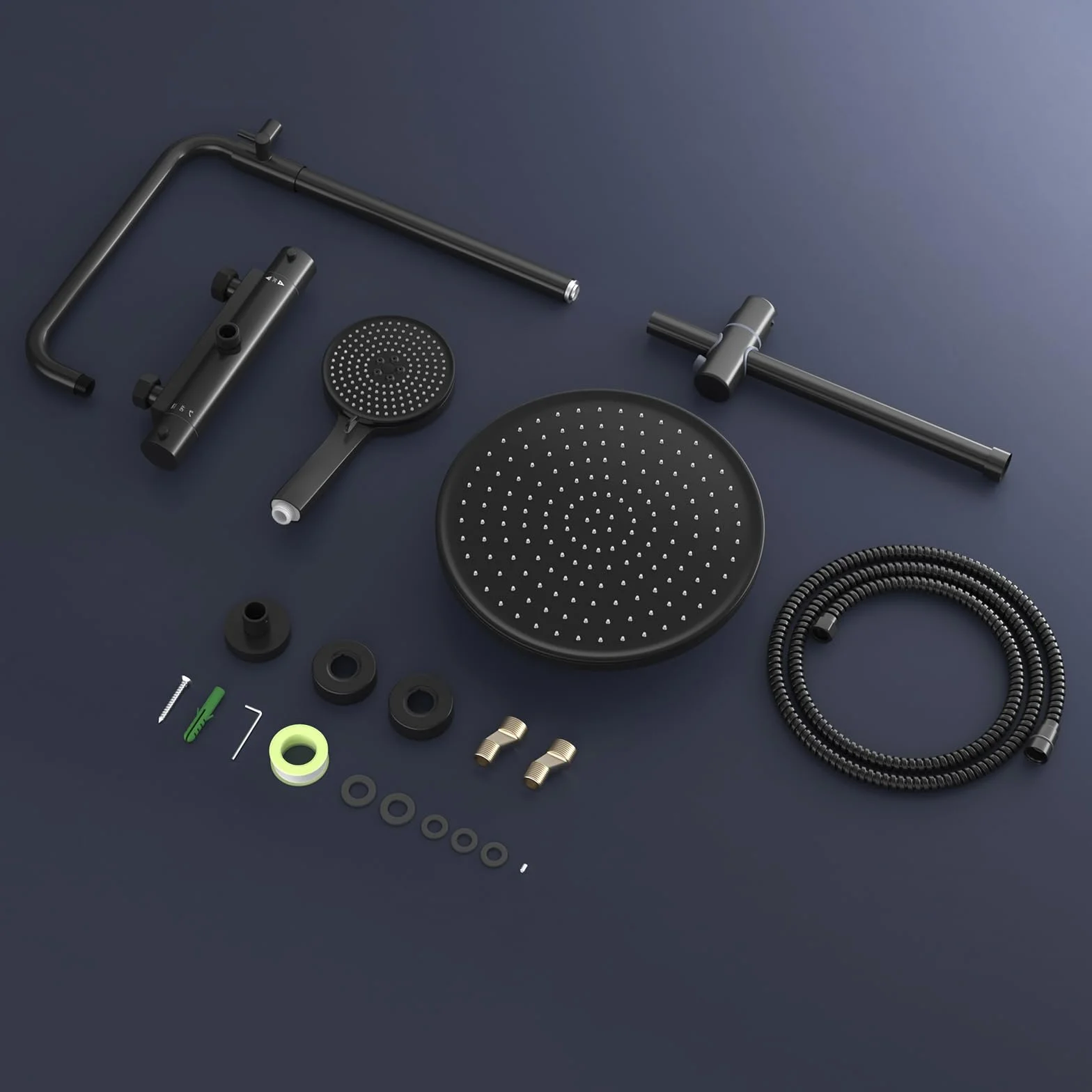 Rainsworth System prysznicowy z termostatem, Ø 30 cm, okrągły, deszczownica, zestaw prysznicowy oszczędzający wodę, 5 rodzajów strumienia, 92-126 cm, drążek prysznicowy Rainforest, kompletny zestaw do