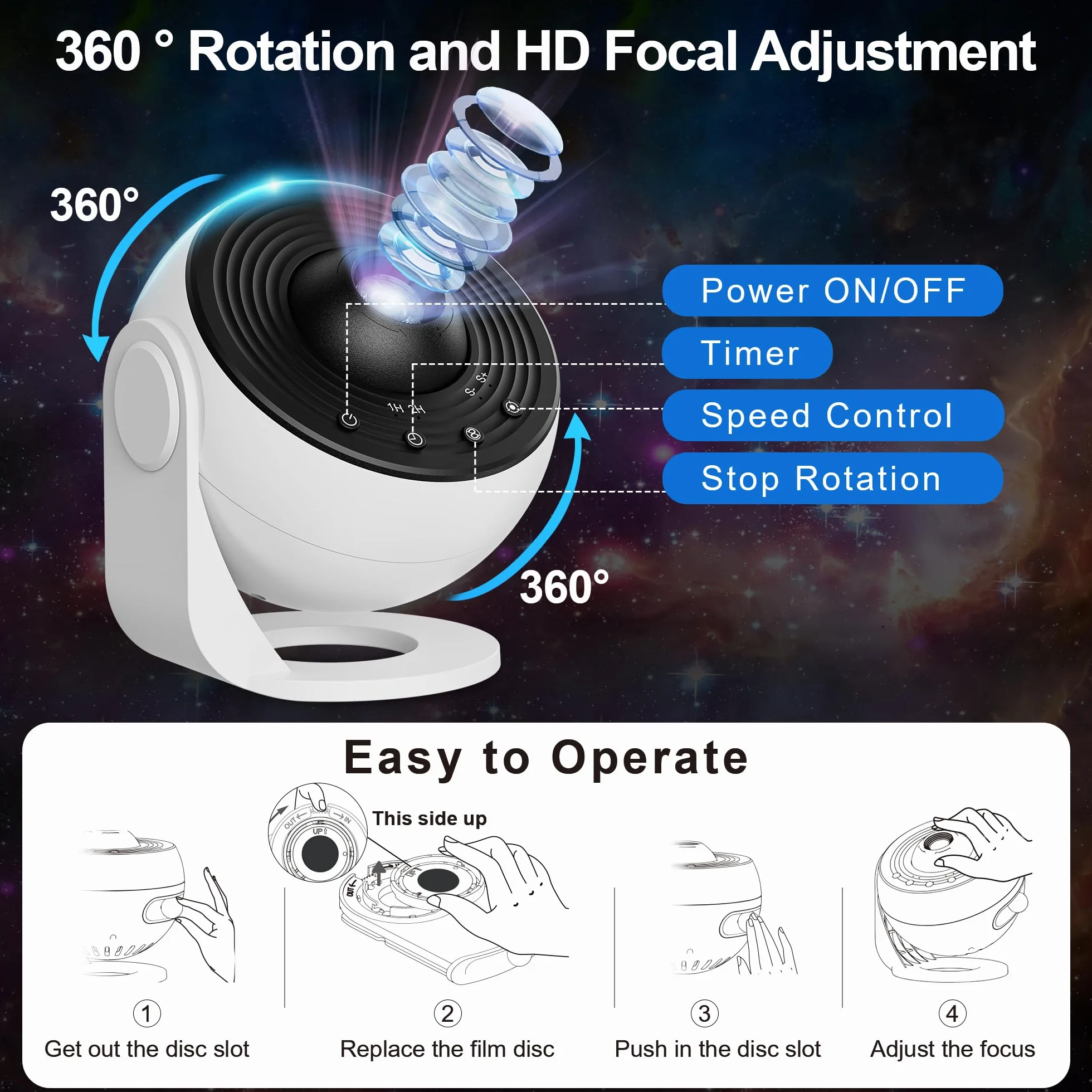 Macchiatto Projektor planetarium z motywem gwiezdnego nieba, 12 płyt projekcyjnych, regulacja obrotu 360°, na sufit