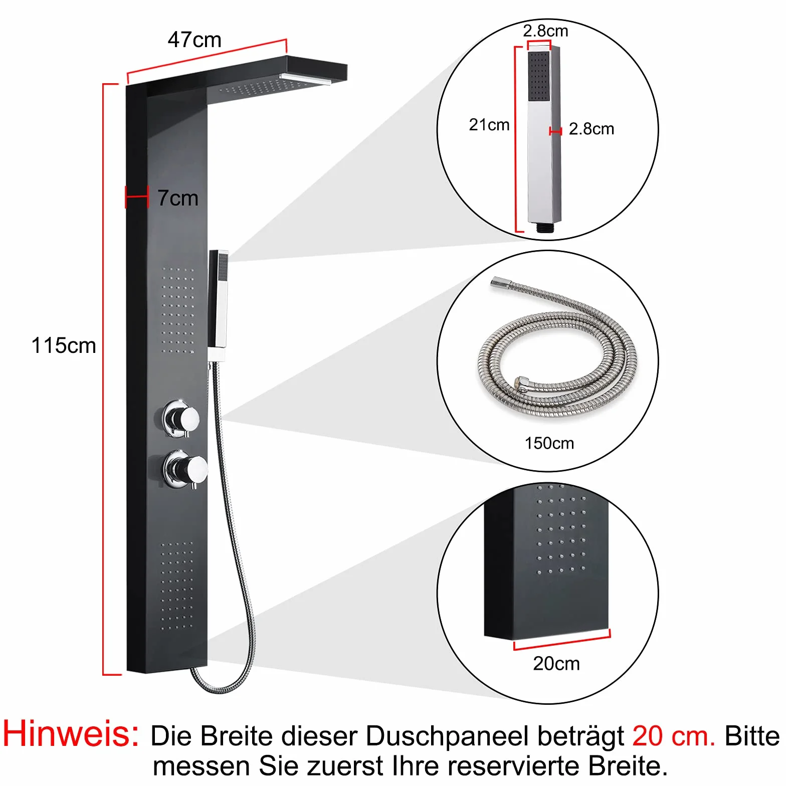 HENGMEI Panel prysznicowy system prysznicowy ze stali nierdzewnej szczotkowanej armatura prysznicowa zestaw prysznicowy z deszczownicą, prysznic z masażem, prysznic z wodospadem, słuchawka prysznicowa