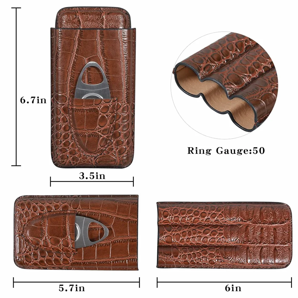 Etui na cygara ze skóry krokodyli, przenośny humidor z krajalnicą, 3 tubki, brązowy
