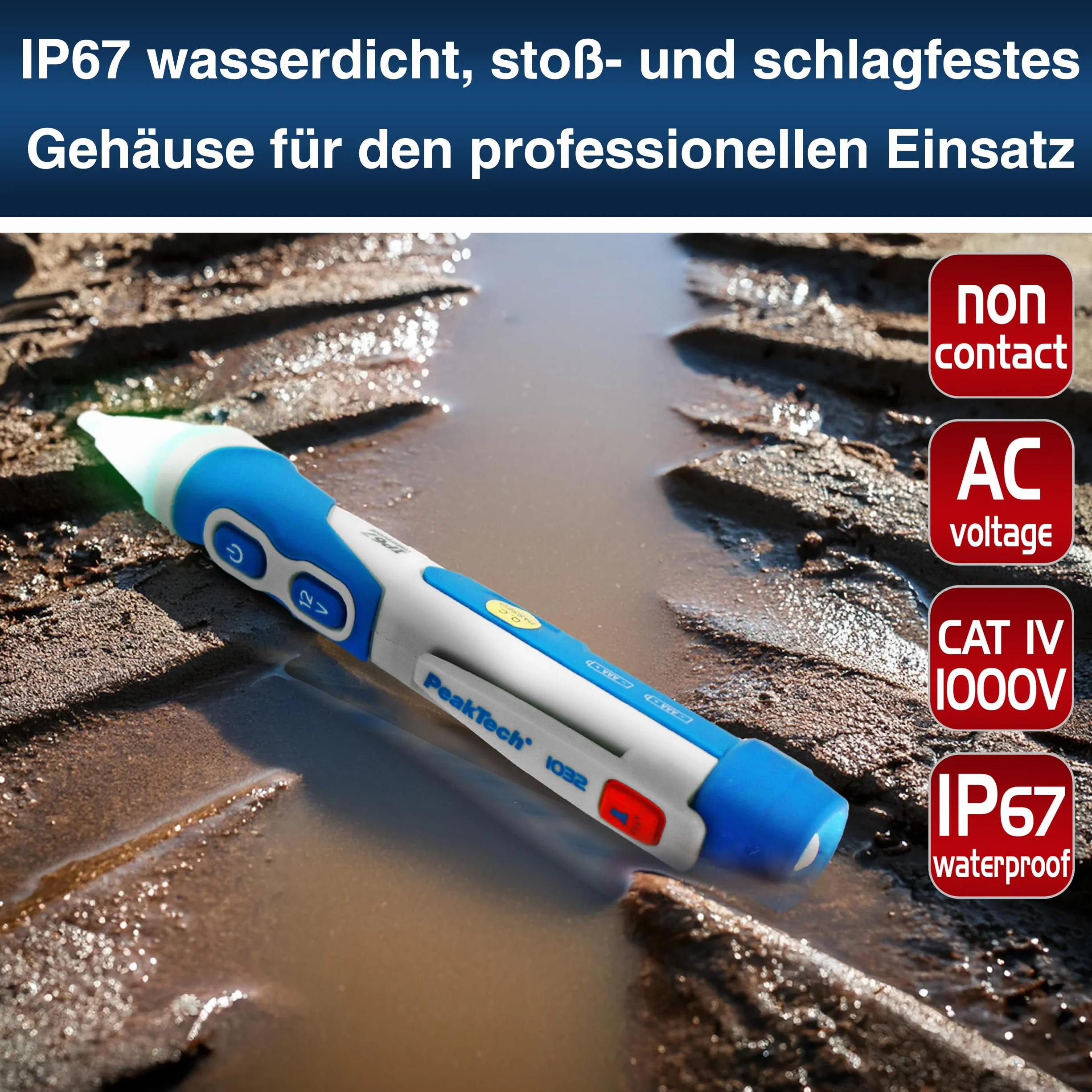 PeakTech 1032 AC bezdotykowy czujnik napięcia [+lampa sygnałowa LED i wibracje] Zakres roboczy 12-1000 V AC, czujnik linii, czujnik liniowy