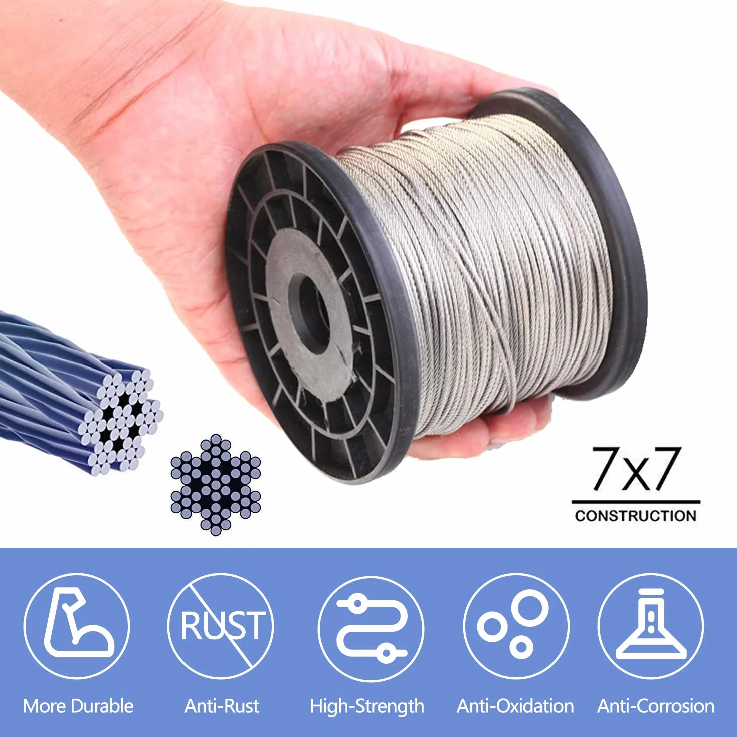Zestaw narzędzi do zaciskania lin, z kablem ze stali nierdzewnej 1/16-304, 50 m (rdzeń 7 x 7 żył), 100 tulejek kablowych, aluminiowych tulejek pętelkowych