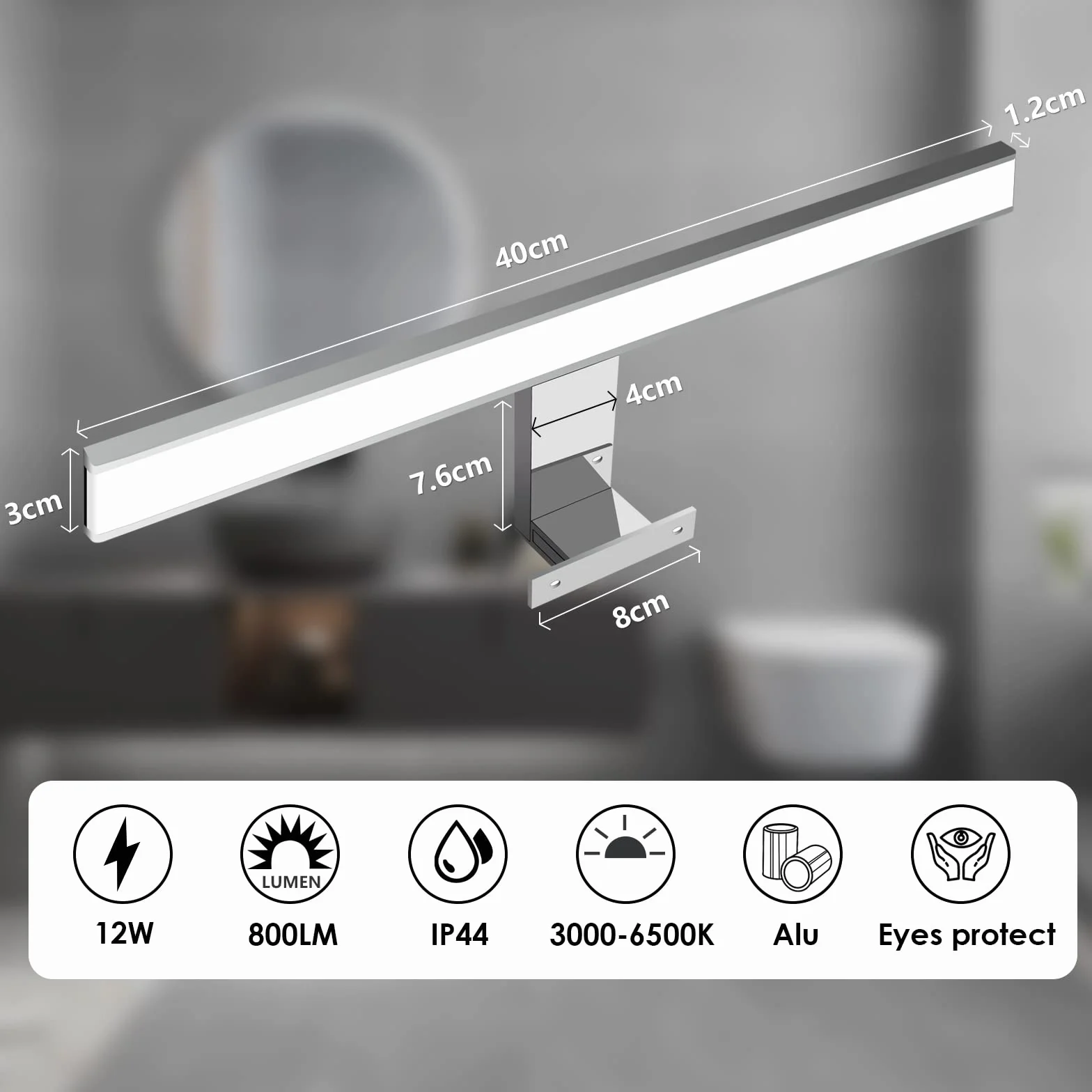 KYOTECH Lampa LED nad lustro łazienkowe 12W 400mm 800lm IP44 ściemniana z pilotem
