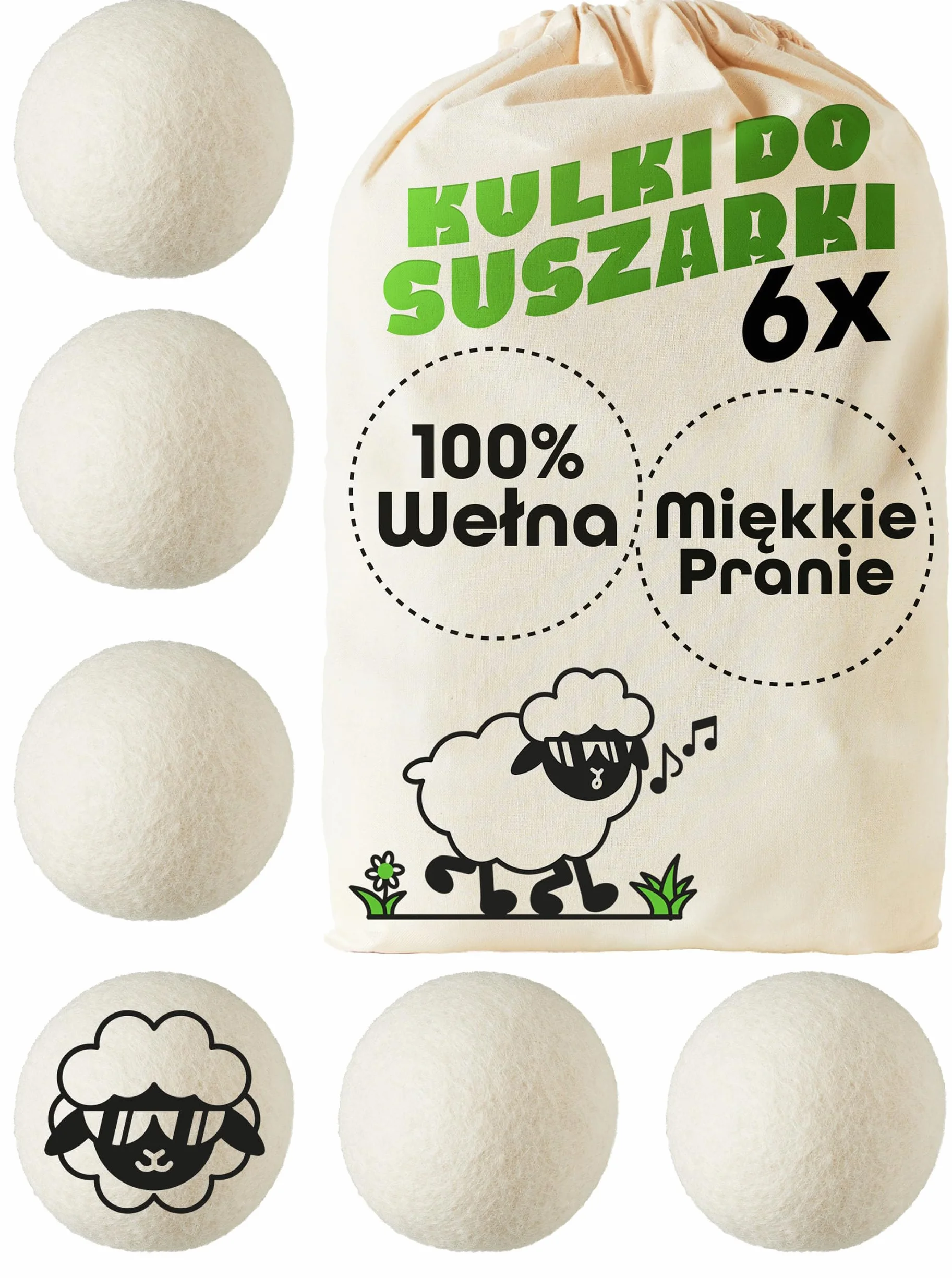 6 Kulki do Suszarki Bębnowej - 100% Organiczna Wełna Owcza - Kulki do Suszenia dla 𝗠𝗶ę𝗸𝗸𝗶𝗲𝗴𝗼 𝗣𝗿𝗮𝗻𝗶𝗮 i Krótkiego Czasu Suszenia- Idealne na Puch