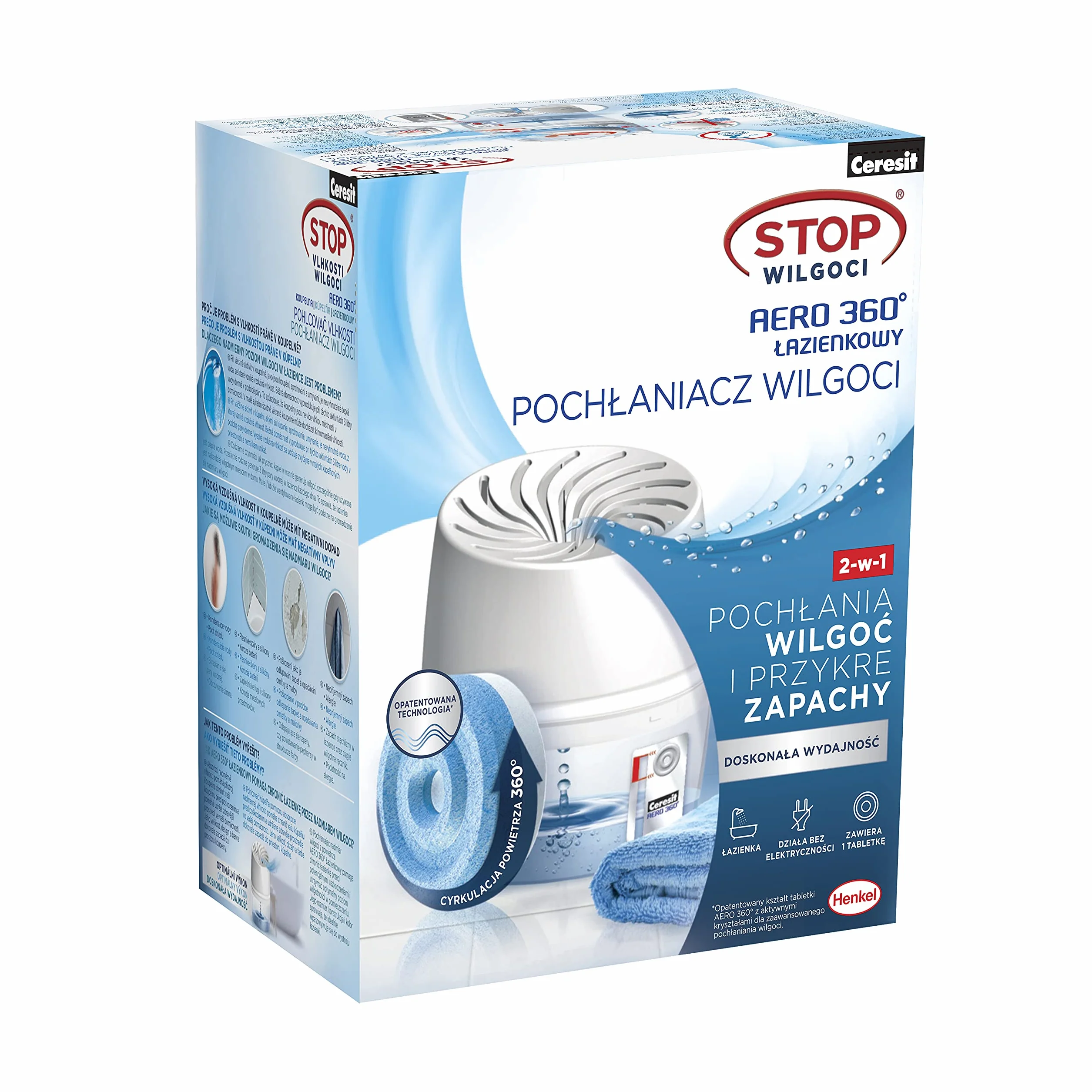 AERO 360°, kompaktowy pochłaniacz wilgoci do łazienki, stylowy absorber wilgoci, efektywny osuszacz powietrza do domu, 1 urządzenie