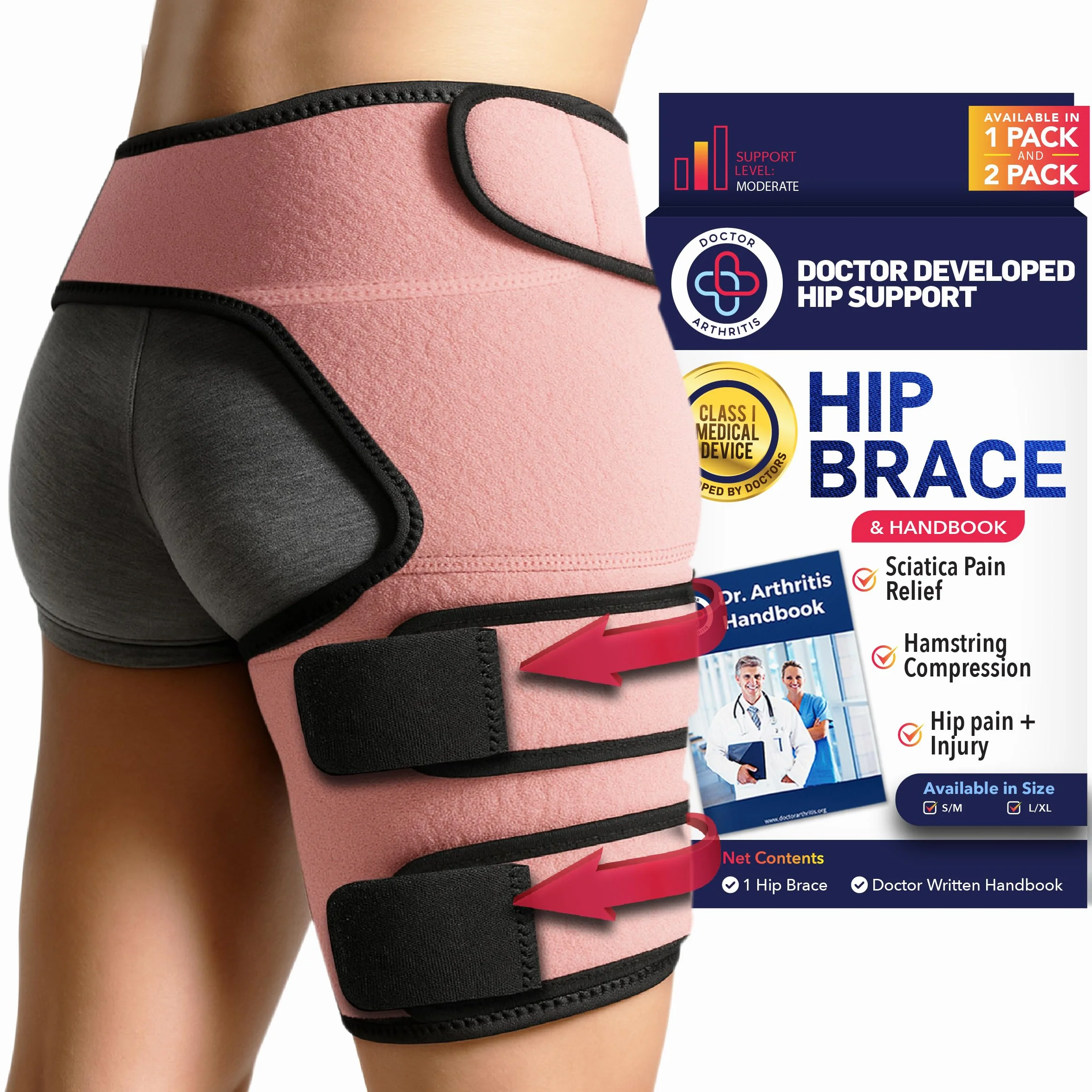 Dr. Arthritis Orteza prawego biodra, zaprojektowana przez lekarzy - wsparcie uda dla nerwu kulszowego - uciskowa opaska na udko (rozmiar L/XL, różowy)
