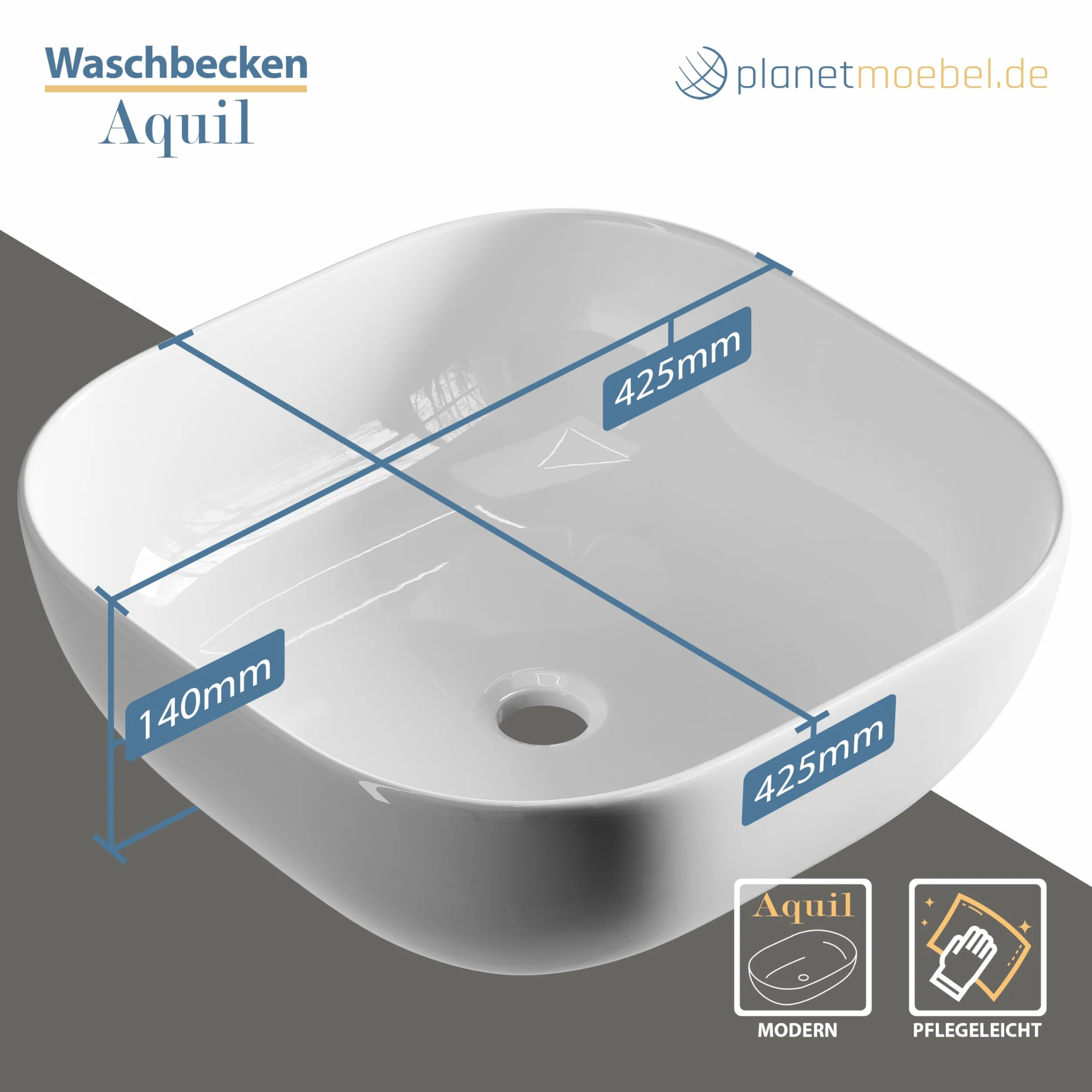 Planetmöbel Aquil Deluxe umywalka Square | Umywalka nablatowa do łazienki i WC dla gości | Umywalka do ręcznego spłukiwania bez otworu na baterię i przelewu | biała, 42,5 x 42,5 x14 cm