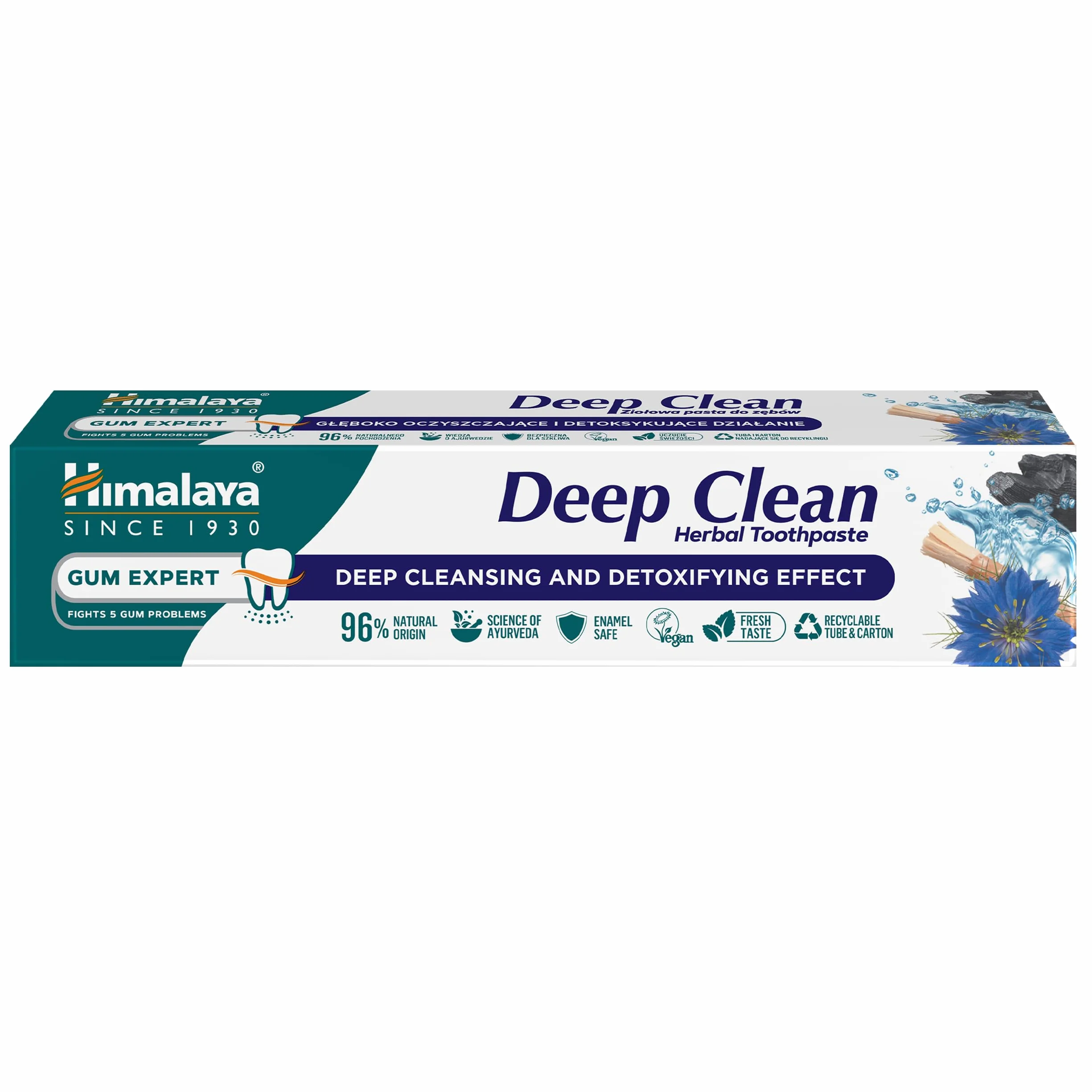 Himalaya Deep Clean Ziołowa Pasta do Zębów 75ml – Głęboko Oczyszczająca, 96% Składników Naturalnego Pochodzenia, Bez Fluoru, Technologia Enzymów Roślinnych, Z Miswakiem i Olejem z Czarnuszki