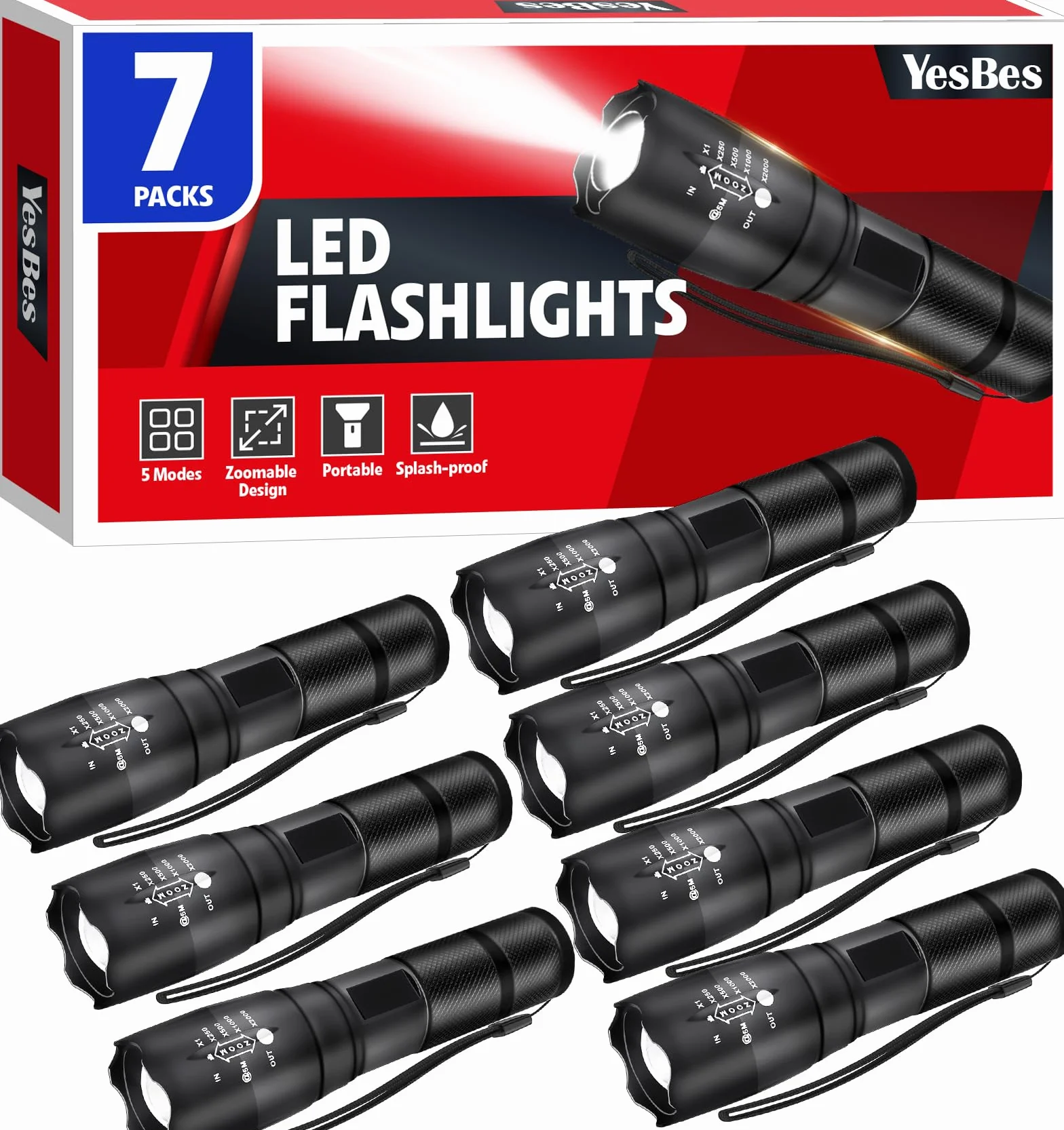 YesBes 7 sztuk małych latarek LED, wysokie lumeny, taktyczna latarka z 5 trybami, wodoodporna latarka błyskowa z możliwością powiększenia, mała latarka na kemping, do domu, na polowanie, kemping