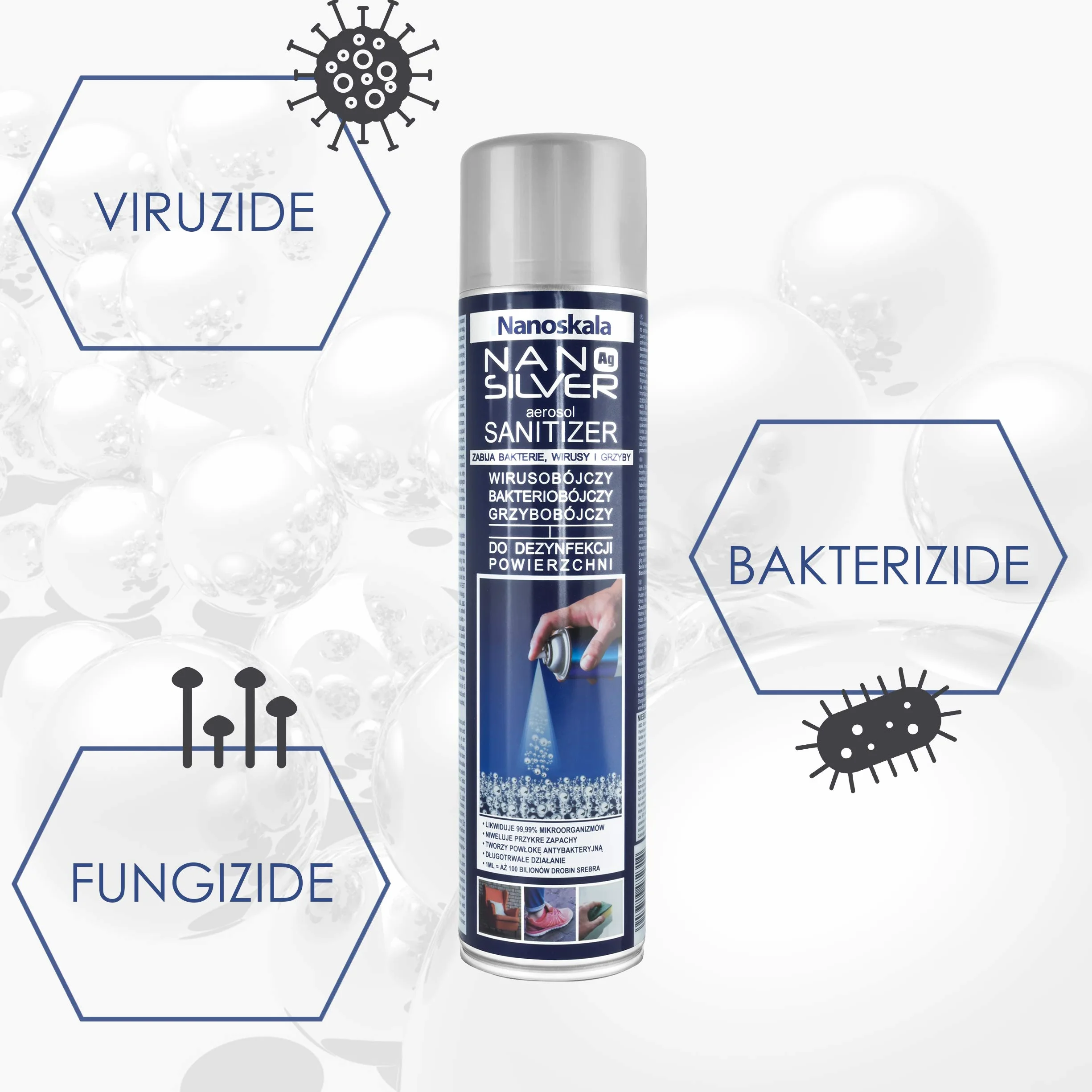 Nano Silver Spray Dezynfekujący 80% Alkoholu, 100 Bilionów Aktywnych Nanocząsteczek Srebra w 1 ml, Antybakteryjny, Przeciwwirusowy, Przeciwgrzybiczy, Tworzy Warstwę Ochronną, Butelka 125 ml