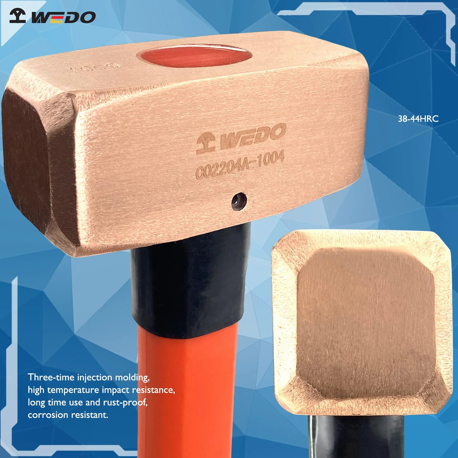 WEDO Miedziany młot kowalski 2,7 kg, młot klubowy z uchwytem z włókna szklanego, młotek wiertarski, młotek udarowy, odporny na korozję, standard DIN, długość 71 cm