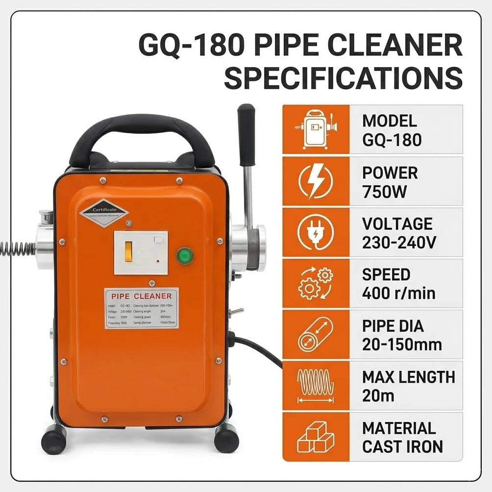 750W 400U/min Elektryczna maszyna do czyszczenia rur z wyłącznikiem FI do rur o średnicy 20-150mm, urządzenie do czyszczenia rur, odkurzacz do rur, spirala do czyszczenia rur o średnicy 16mm 16M, 10mm